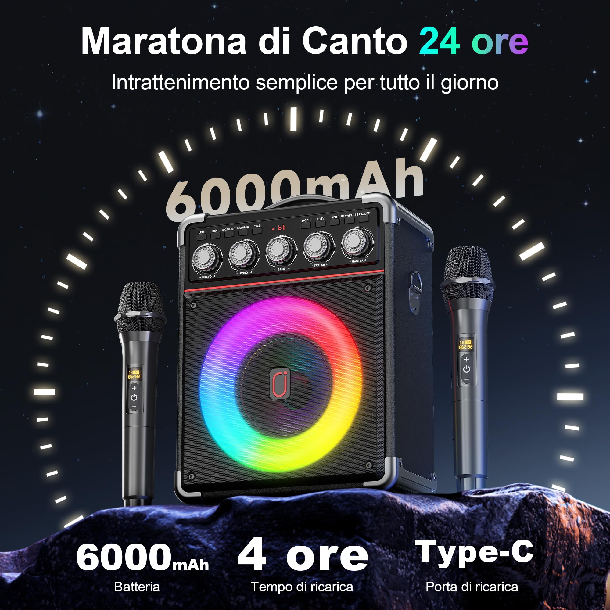 JYX Karaoke con 2 Microfono, 100W Cassa Bluetooth, Autonomia 18 Ore, Karaoke Professionale Completo, Potatile PA Sistema e Luce LED & telecomando, Supporta Bluetooth/TF/USB/AUX/TWS