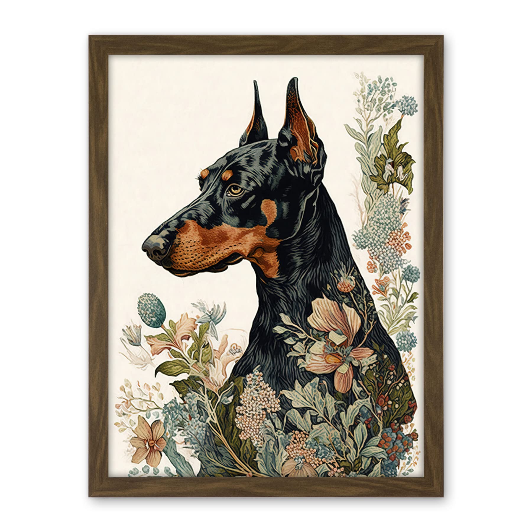 Artery8 Doberman Dog with Wild Flowers Boho Watercolour Illustration Artwork Framed Wall Art Print 18X24 Inch