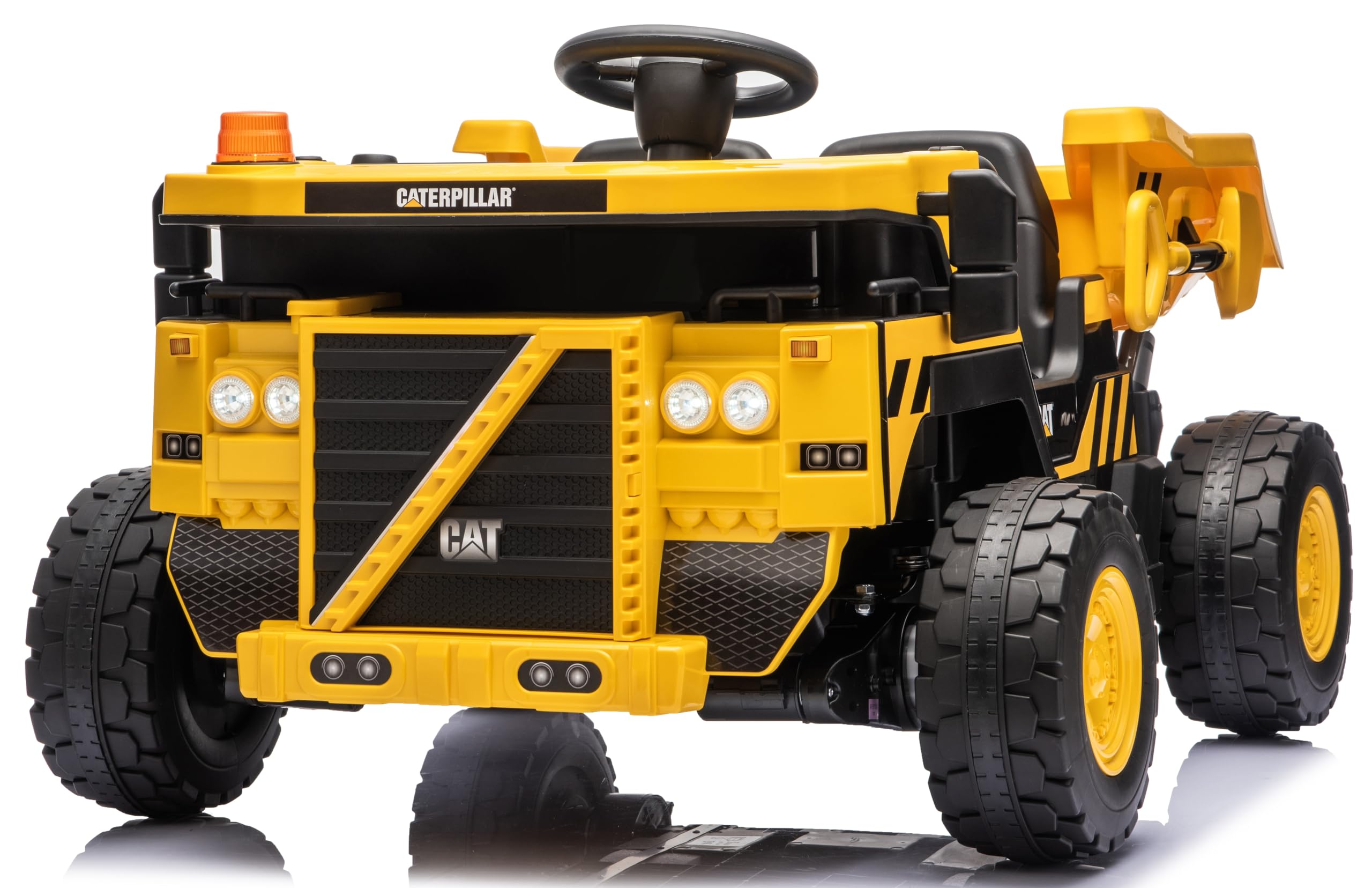 Camion 24V Macchina 4x4 Elettrica 2 Posti Caterpillar da Cantiere Bambini Cassone Elettrico Ribaltabile e Pala Telecomando Parentale Luci Led Sirena Ammortizzatori Carico Massimo 50Kg (Dump Truck)