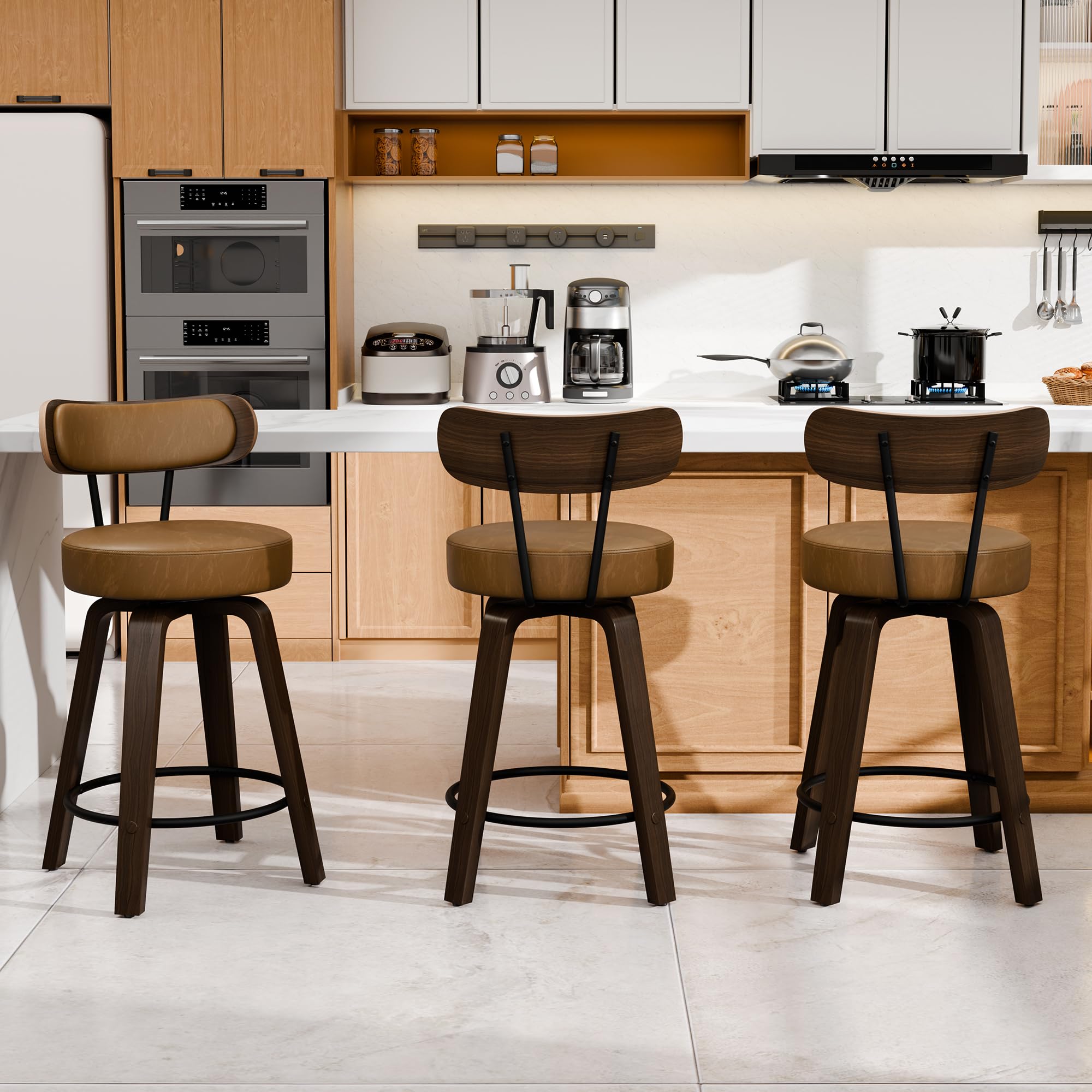 Bar Stools Set of 3, Brown Leather 26'' Swivel Counter Height Bar Stools, Modern Bar Stools with Back & Wood Legs, Upholstered Bar Chairs for Kitchen