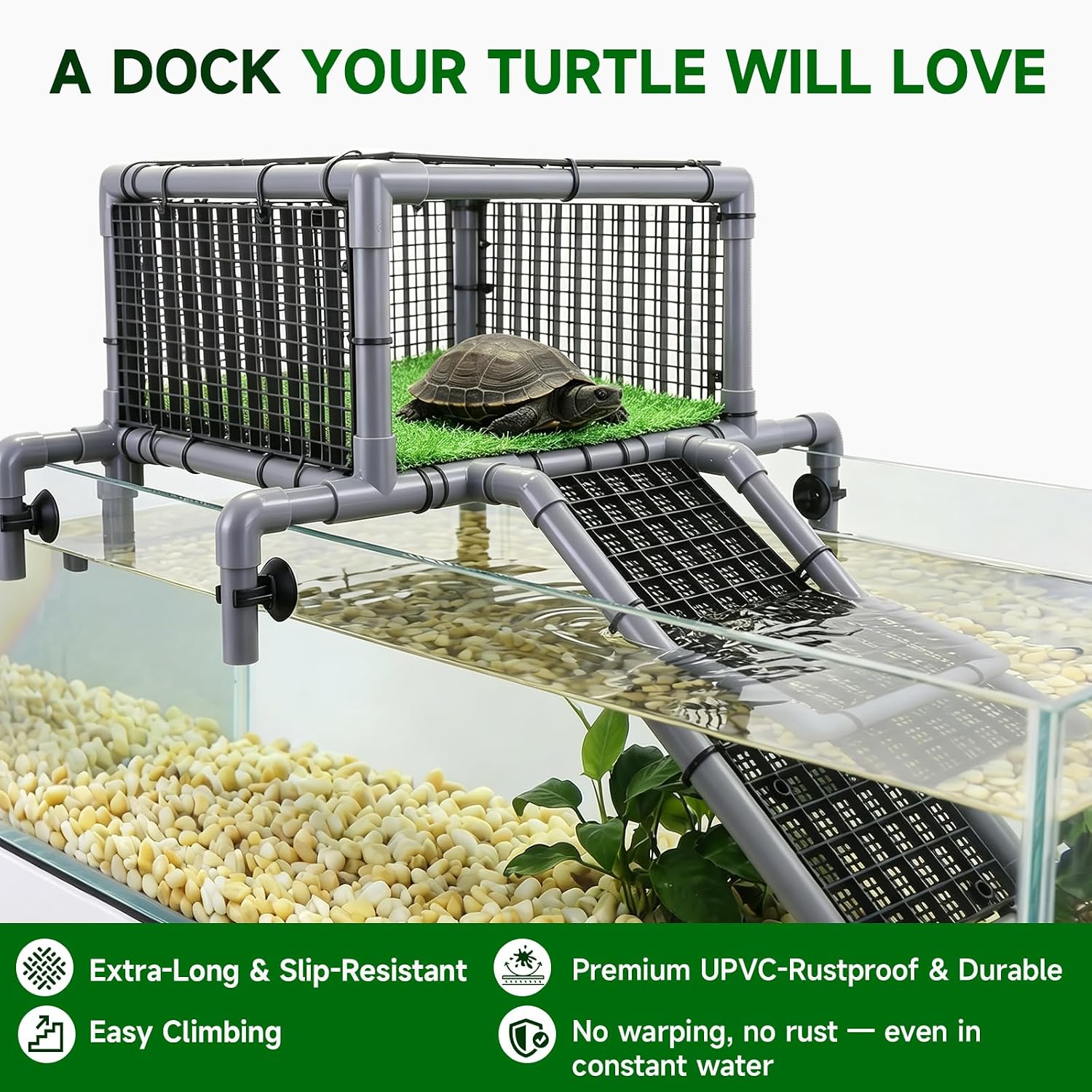 Large Turtle Basking Platform Above Tank with Non-Slip Ramp | Artificial Grass Dry Loft, Fits 75/90/125 Gal Tank 18-20" Wide, Aquatic Turtle Accessories for Basking and Resting