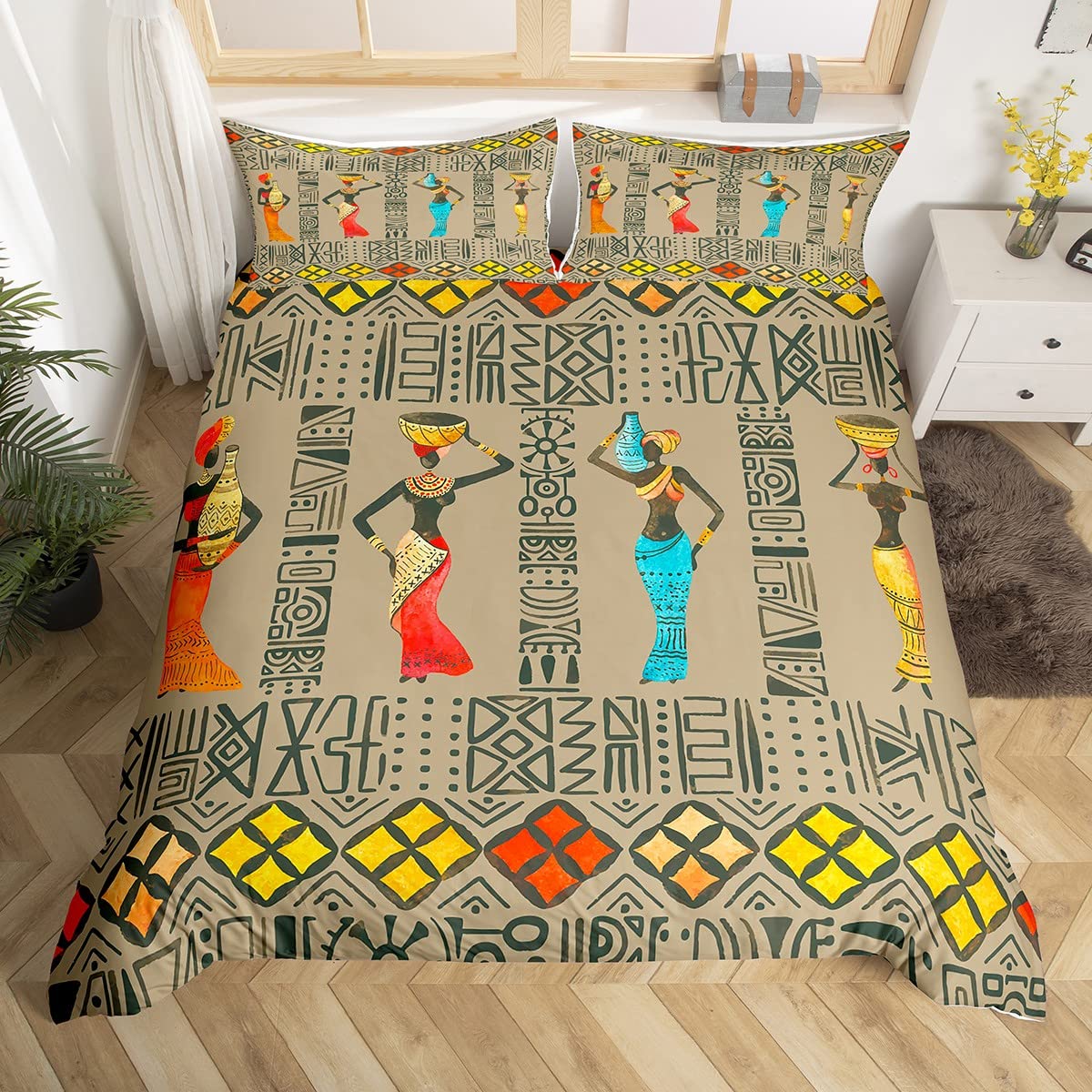 African Woman Themed Comforter Cover African Pattern Bedding Set Ethnic Afro Decor Duvet Cover for Children Kids Boys Girls Microfiber Traditional Exotic Bedspread Cover Room Decor Bedclothes Twin