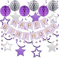 Vista 11 de meowtastic - Decoraciones de cumpleaños, pancarta de feliz cumpleaños con bolas de panal de abeja, serpentinas colgantes de estrellas, guirnalda