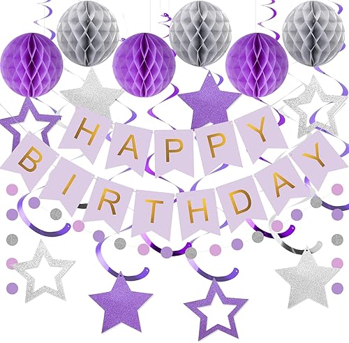 Vista 11 de meowtastic - Decoraciones de cumpleaños, pancarta de feliz cumpleaños con bolas de panal de abeja, serpentinas colgantes de estrellas, guirnalda