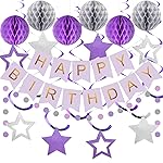 meowtastic Birthday Decorations, Happy Birthday Banner with Honeycomb Ball, Star Hanging Swirl Streamer, Circle Dot Garland, Happy Birthday Party Decoration for Women Men Boys Girls (Purple & Silver)