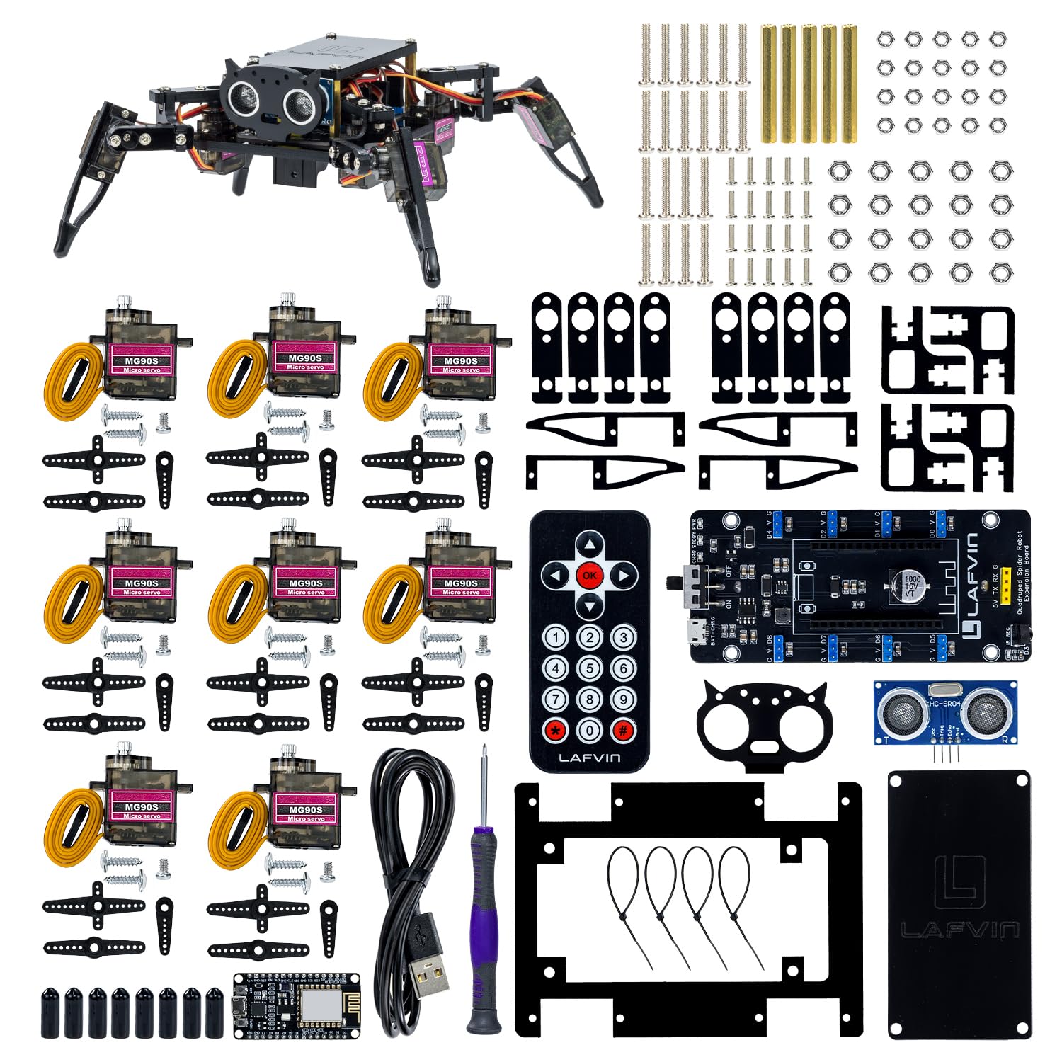 LAFVIN Zestaw robota pająka do ESP8266, czteronożny robot pająk z aplikacją i pilotem na podczerwień, robot programujący STEM Open Source