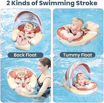 Mambobaby マンボベイビー フリップなし ベビープールフロート キャノピー&テール付き 空気注入式浮き輪 乳児用 パールフォーム UPF 50+ 調節可能な安全5ウェイハーネス 肌に優しい 男の子 女の子 3~24ヶ月