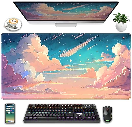 Cool Pink Desk Mat Pastel Clouds Large XXL Gaming Mouse Pad Non-Slip Rubber Base Mousepad, Office Desktop Decor Desk Pad, Computer Laptop Keyboard and Mouse Mat with Stitched Edges, 31.5x15.75 in - Pastel Pink Clouds