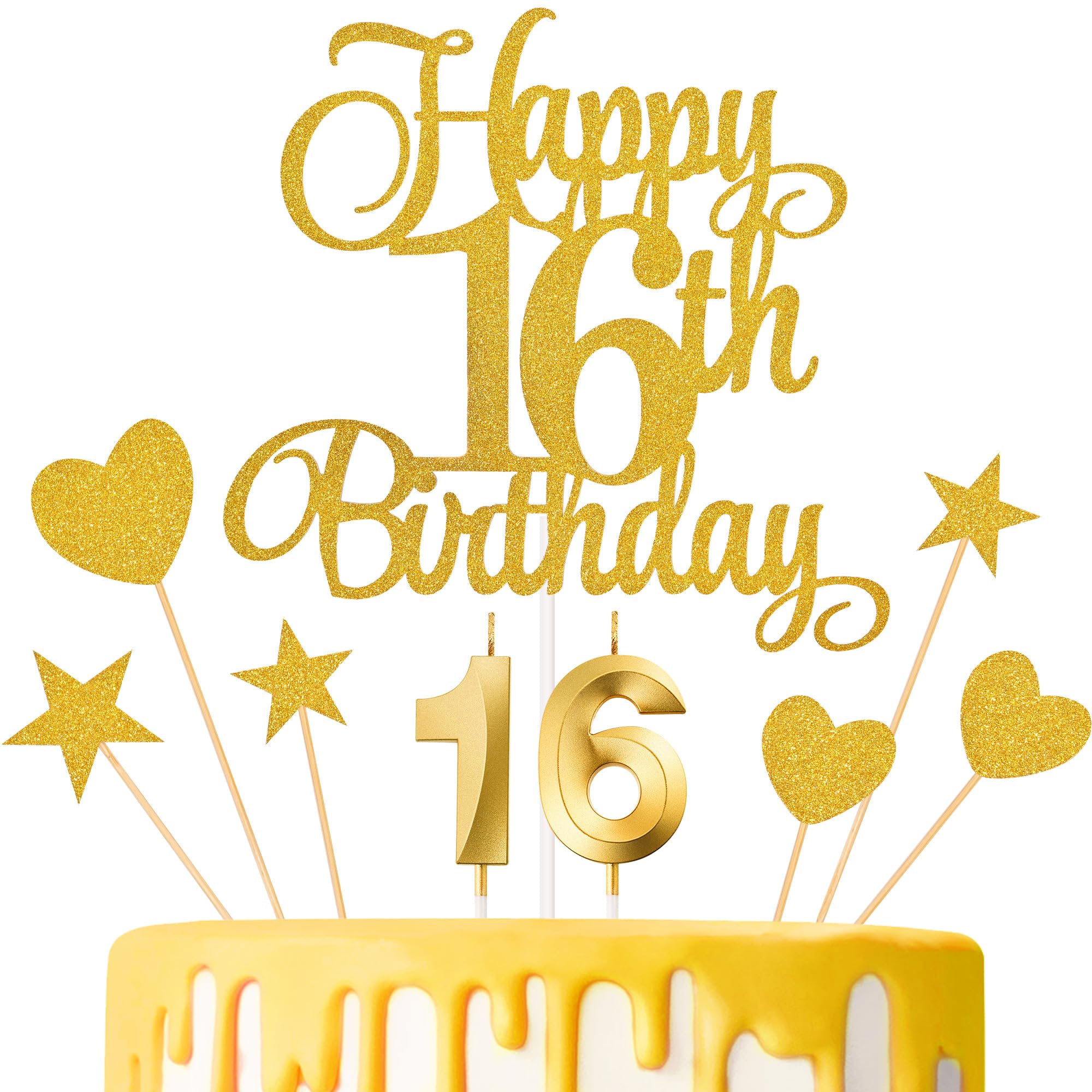 Lecferrarc 16th Birthday Cake Decorations, 16th Birthday Candles Cake Numeral Candles and Glitter Happy 16th Birthday Cake Toppers Set for Birthday