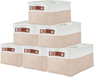DECOMOMO Storage Baskets for Shelves Durable Small Storage Bins, Beige and White – Pack of 6