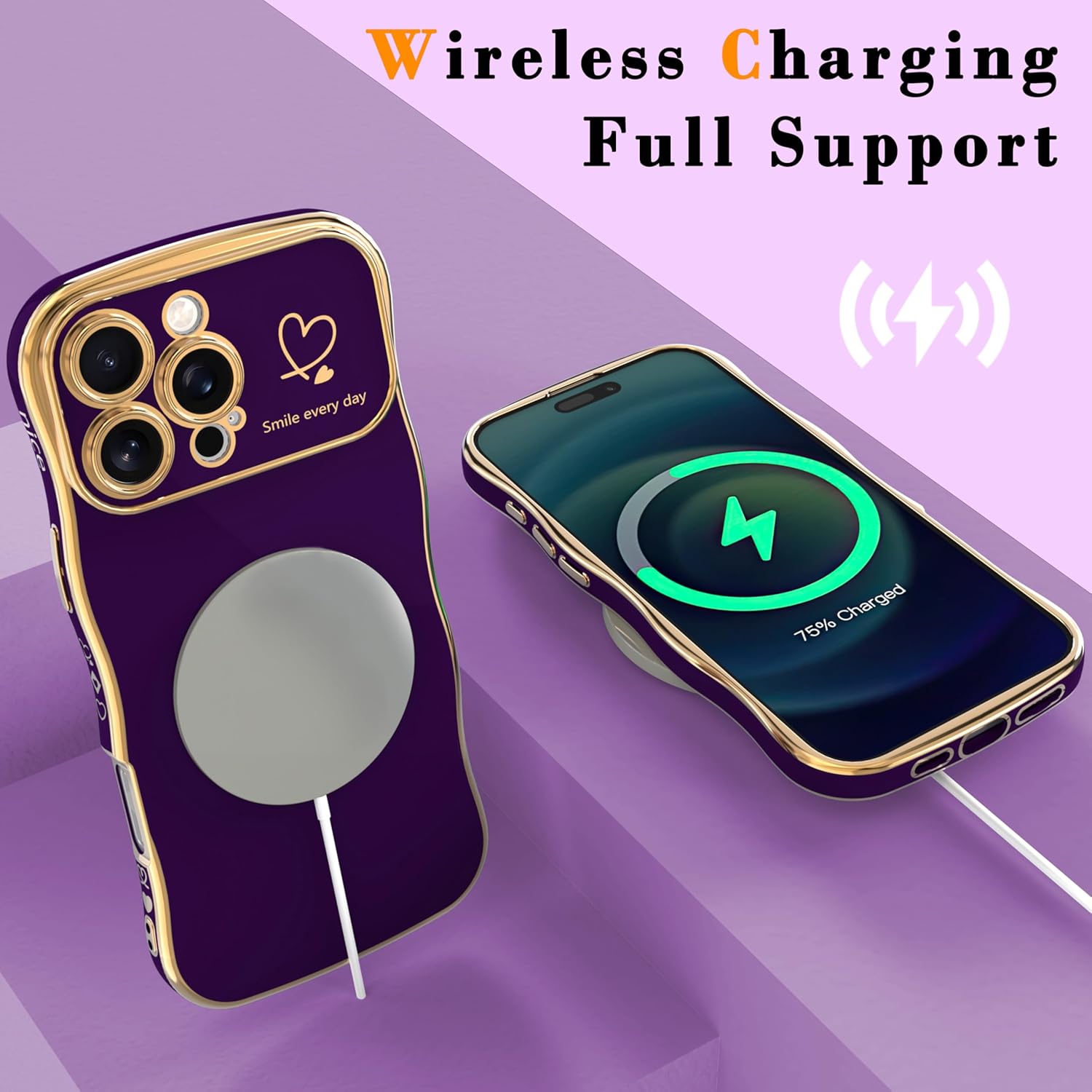 for iPhone 16 Plus Case for Women & Girls - Cute Wave Design with Curly Shape, Heart Pattern, Raised Camera Protection, Luxury Plating, Shockproof（iPhone 16 Plus, Darkpurple） - Image 4