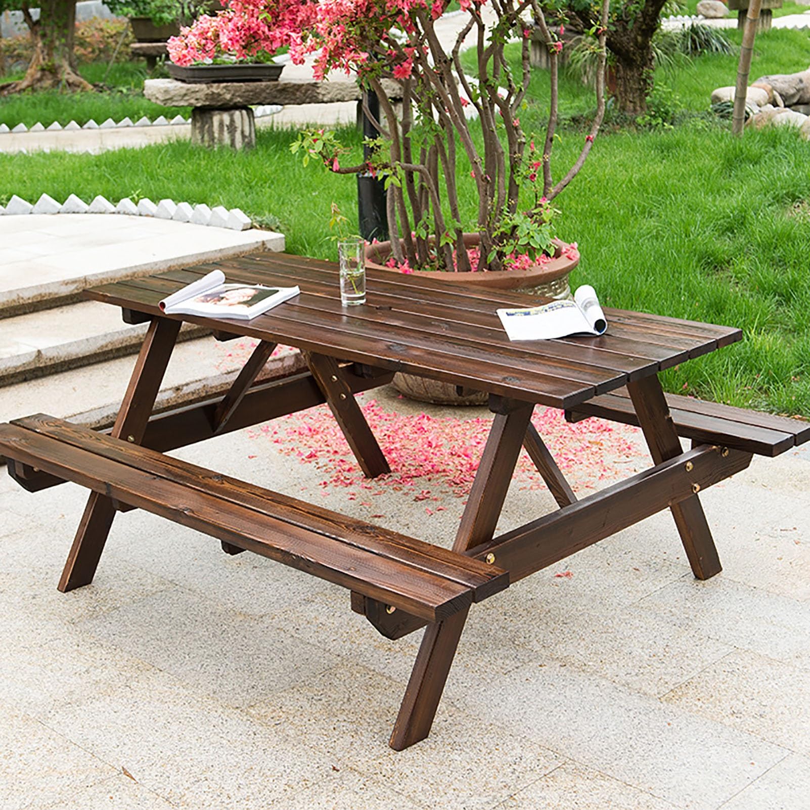 Tavolo da picnic in legno massello, tavolo da pranzo da 150 cm, con panche e foro per ombrellone, ideale per campeggio, cortile, giardino e raduni sul prato