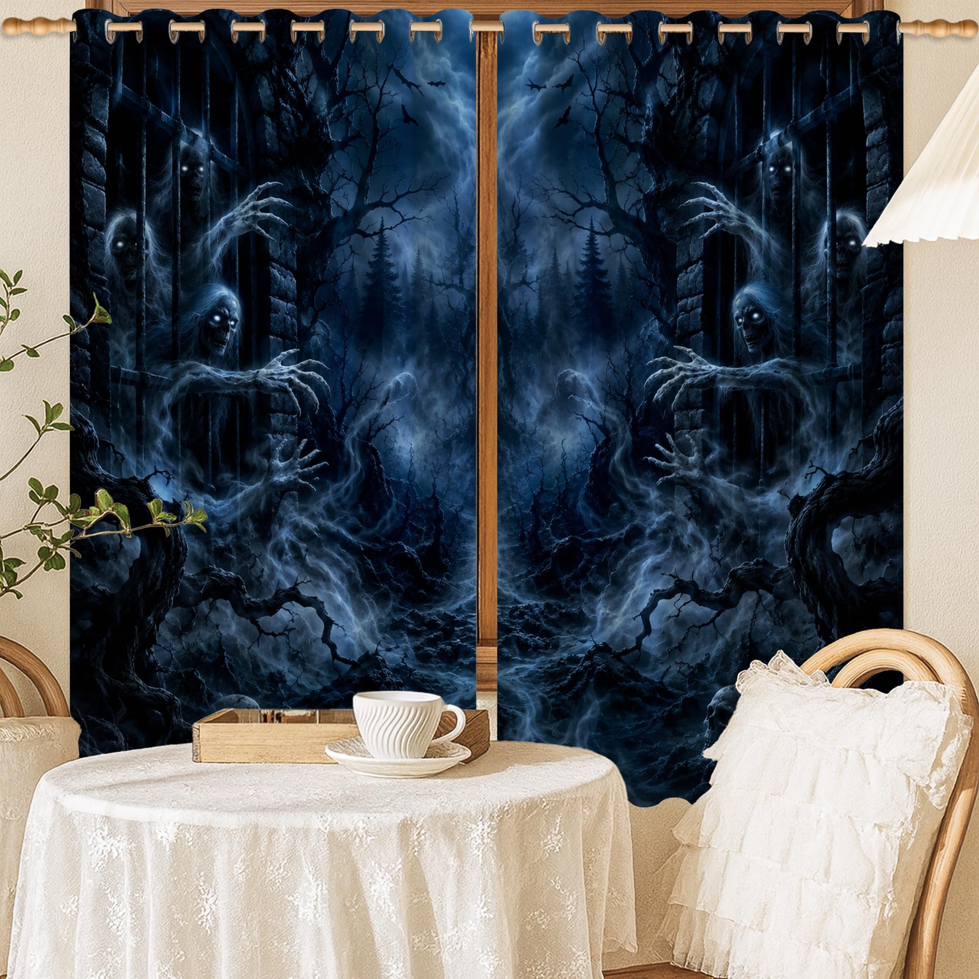 Rideaux occultants pour salon et chambre déco Halloween plissés noir