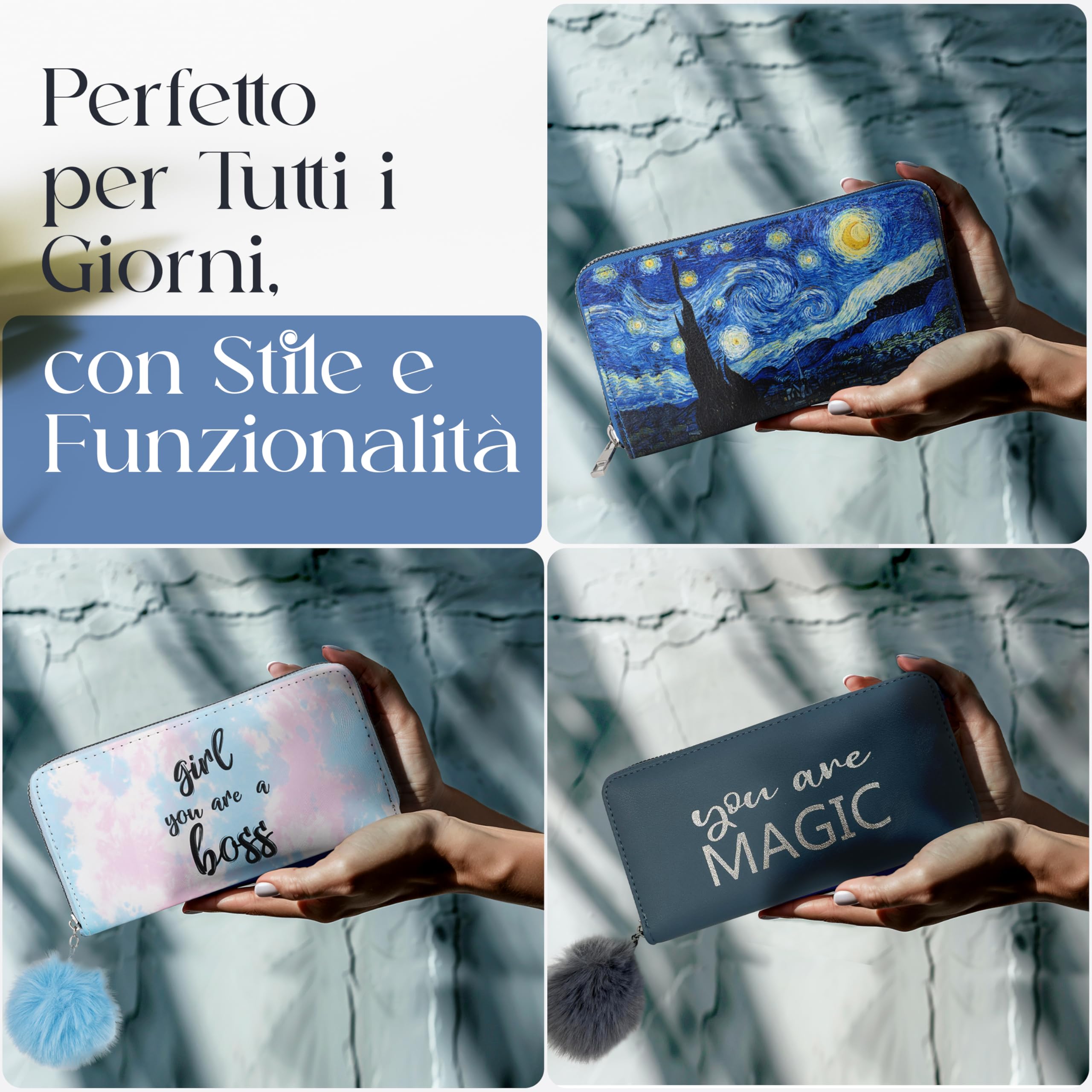 Portafoglio Donna Grande in Morbida Pelle Sintetica con Portamonete e 12 Slot per Carte e Tessere | Elegante Borsellino con Zip, Stampa Notte Stellata