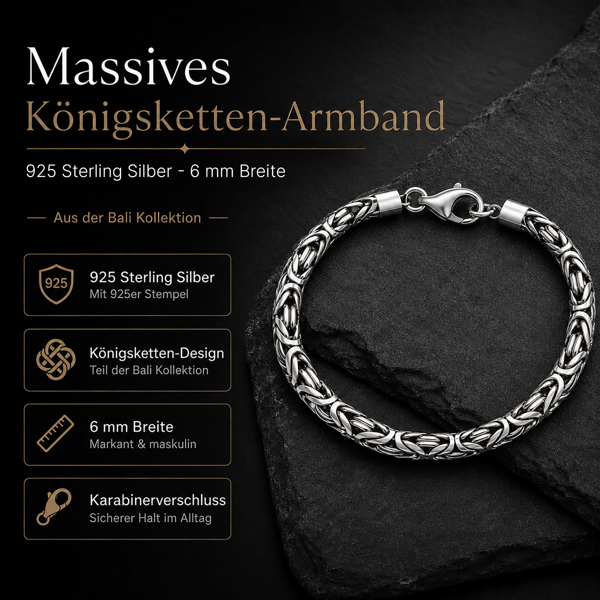 Königskette Armband 925 Silber Herren 6 mm handgefertigt 102094-0 | Massives 925er Sterling Silberarmband mit Schmuck Box Königsketten-Armband in den Längen 19 21 23 cm verfügbar