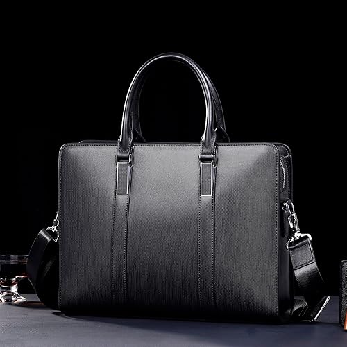 Miniatura 6 de Maletines de cuero genuino para hombres bolsa de ordenador portátil con cerradura 14 pulgadas Business Messenger Bag Negro