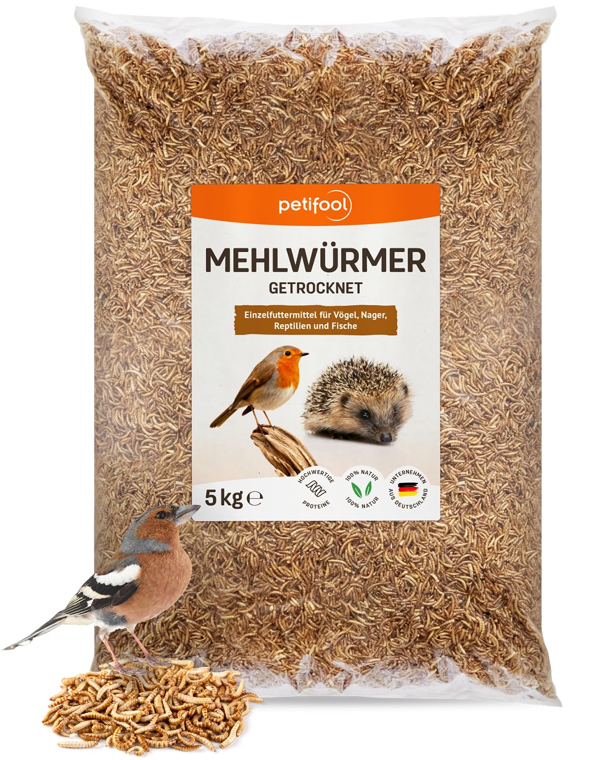 petifool petifool Mehlwürmer getrocknet 5kg – Insektensnack für Vögel, Nager, Fische, Schildkröten und Reptilien – hochwertiges Naturprodukt – proteinreicher Snack für Wildvögel