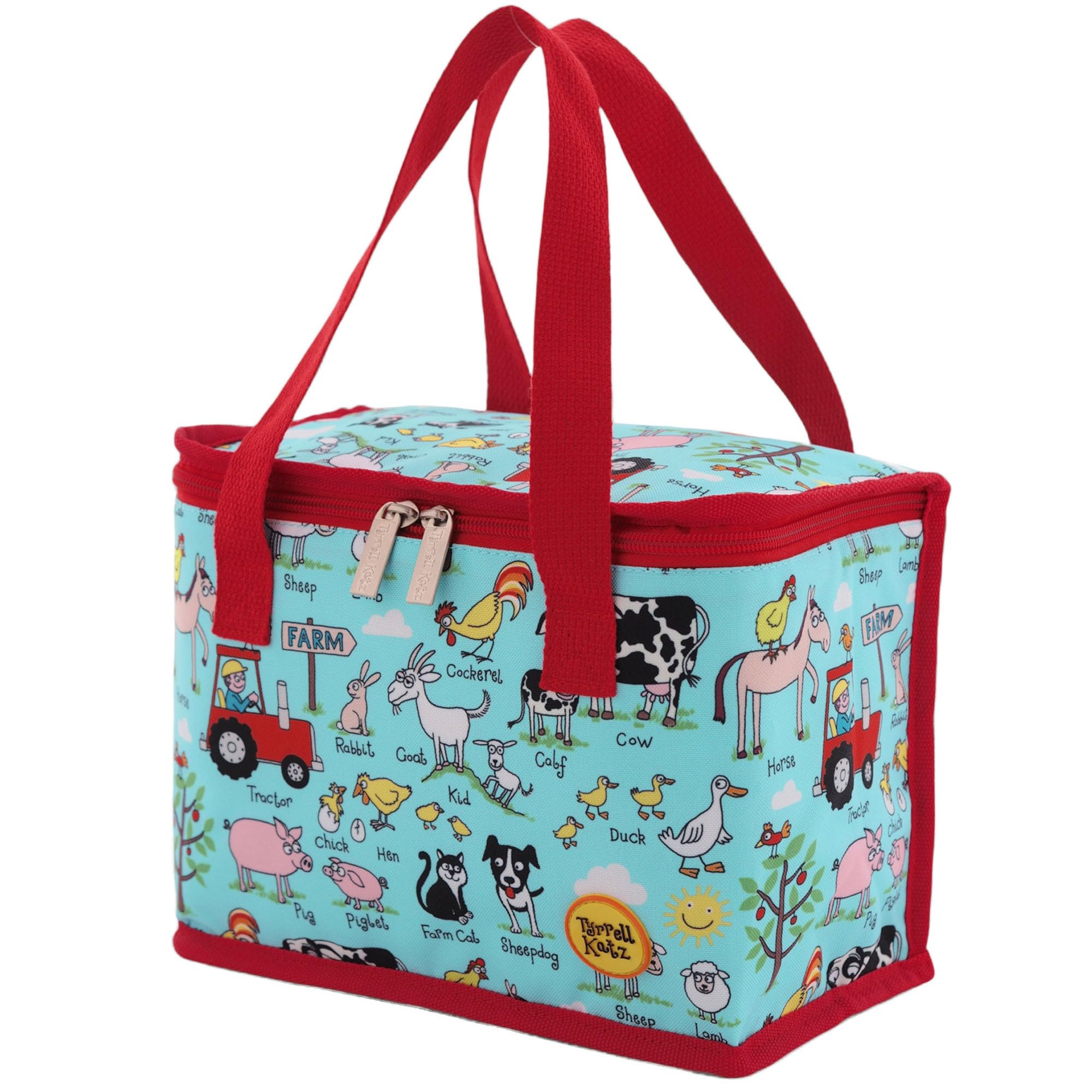 Tyrrell Katz Insulated Foldable Kids Lunch Tote · Farm Design Children's Lunch Bag · Made from Long Lasting RPET Polyester Fabric · Double Zip Opening · Size: 23 x 18 x 13 cm