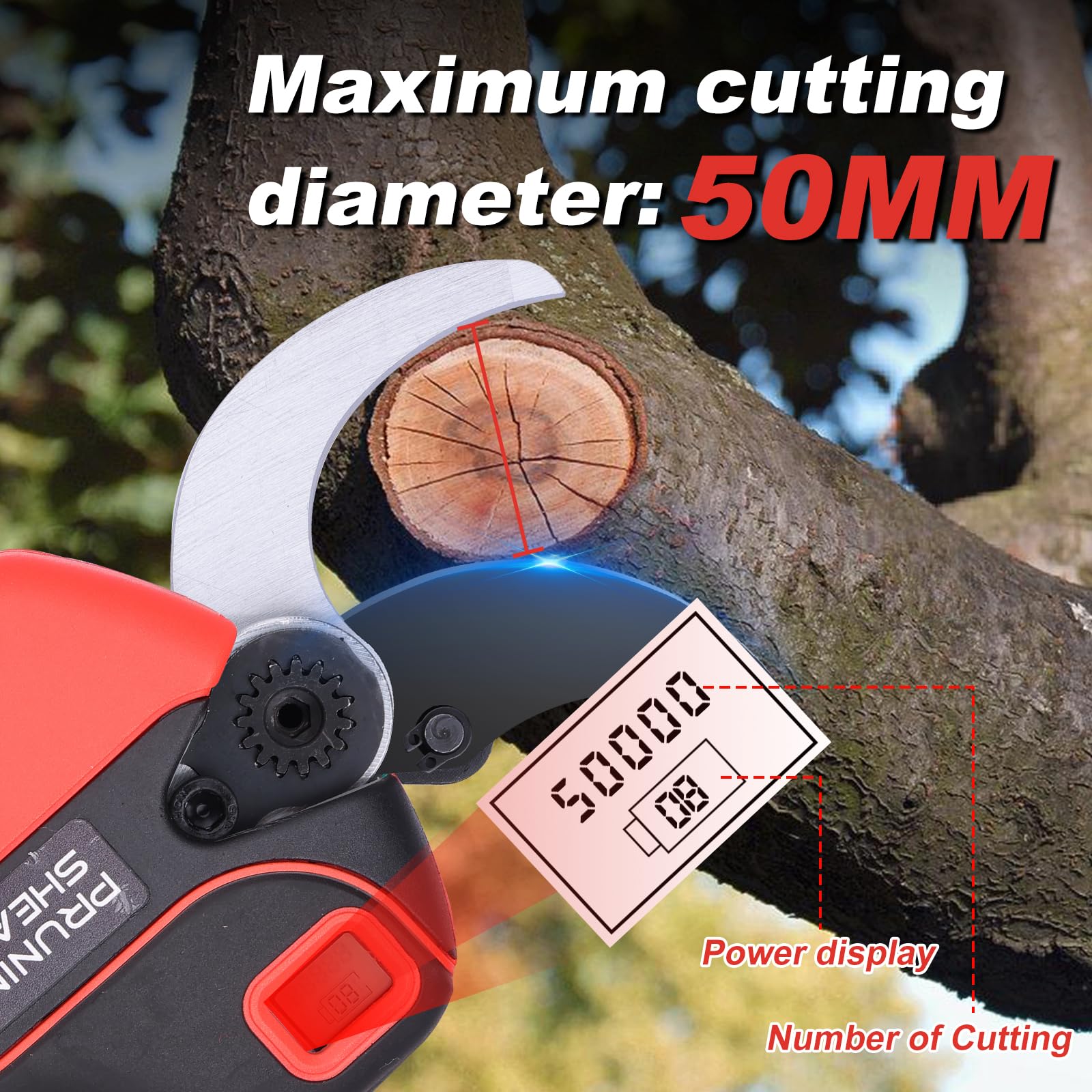Tijeras de Podar Eléctricas 50mm con Batería: Tijeras de Podar Telescópicas con 2M Pértiga de Extensión, Podadora Telescópica con 2x2000mAh Batería con Pantalla LCD para Jardineria, Huerto, Olivos