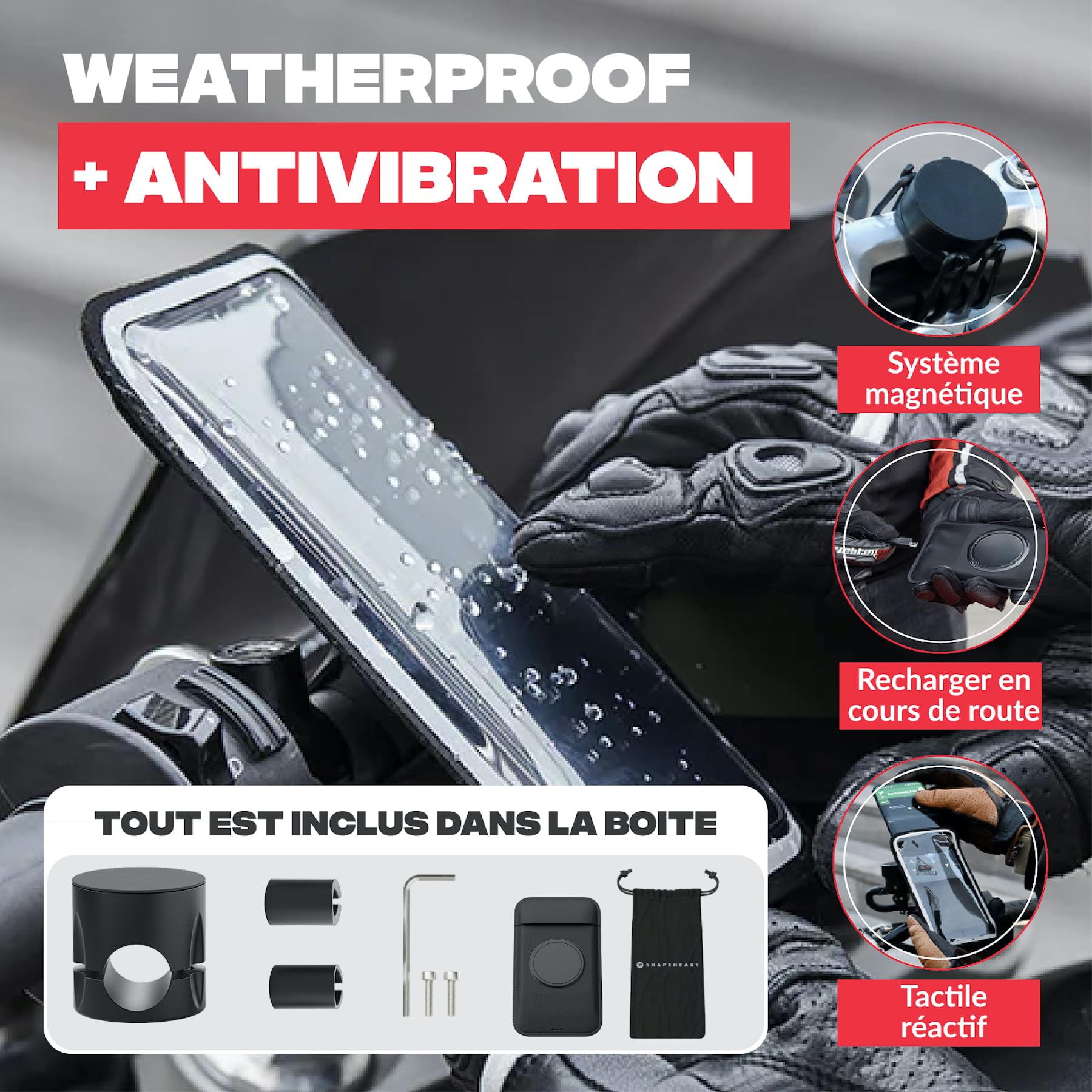 Shapeheart Support Téléphone Rétroviseur Moto Magnétique - Pochette Étanche Tactile XL - Fixation Vissée Rétroviseur Moto, Scooter - Housse Smartphone Imperméable - Système Stable Amovible