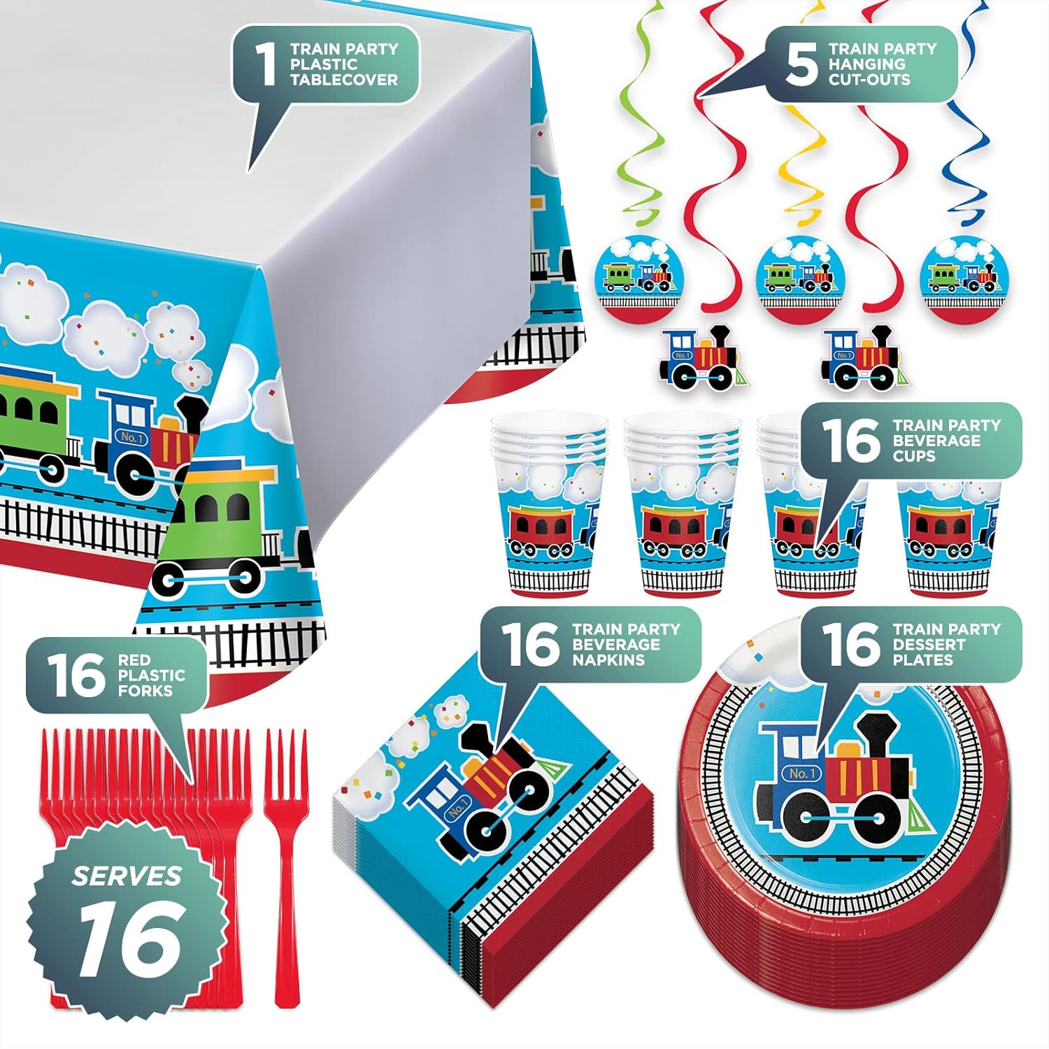 Train Theme Party Supplies - All Aboard Paper Dessert Plates, Napkins, Cups, Table Cover, and Cutouts Set (Serves 16) - Image 2