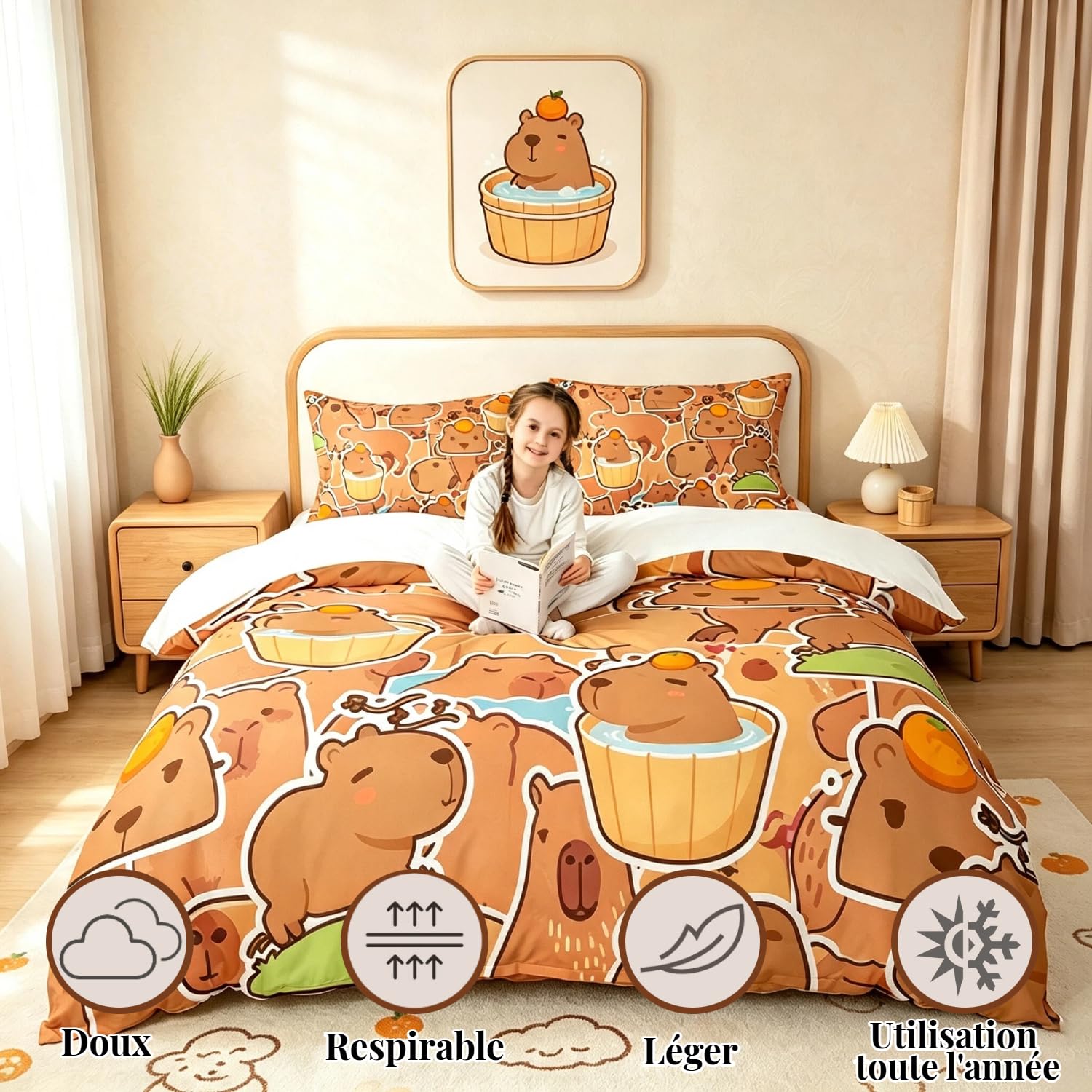 Loussiesd Capybara Bettbezug, 140 x 200 cm, Geschenk für Kinder, Capybara, Bettwäsche, Set für Jungen, Jugendliche, Liebhaber, Capybara-Tierliebhaber, Bettwäsche, Modell Orange, Braun, Bettwäsche-Set