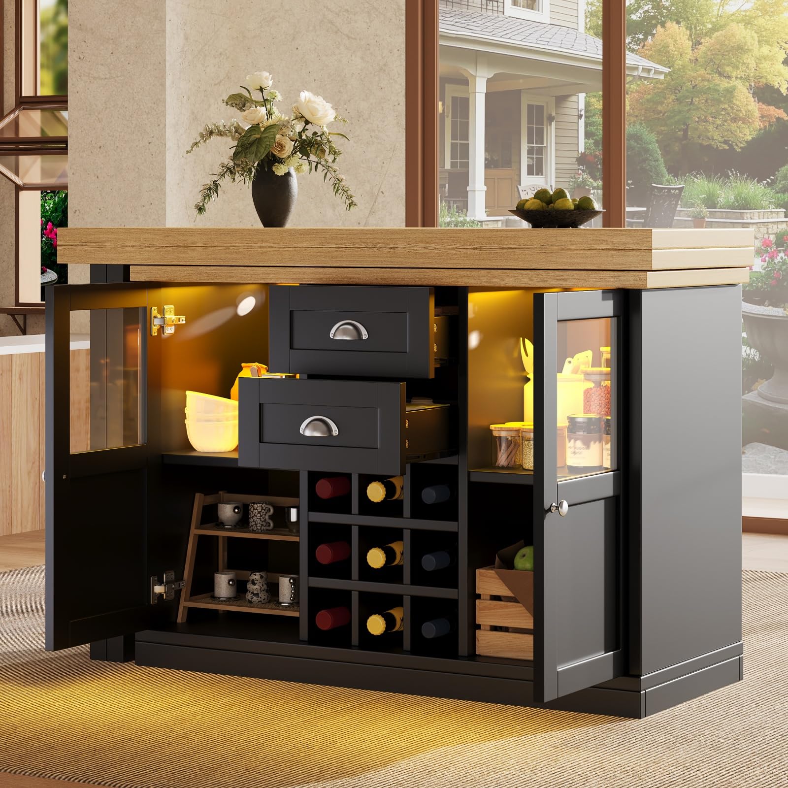 YEHTOKHOME - Isla central de cocina con almacenamiento y encimera, mesa de comedor extensible de 120 a 197 cm giratoria a 360 °, 2 cajones y 2 puertas con LED, bodega, mesa de bar (G-Negro)