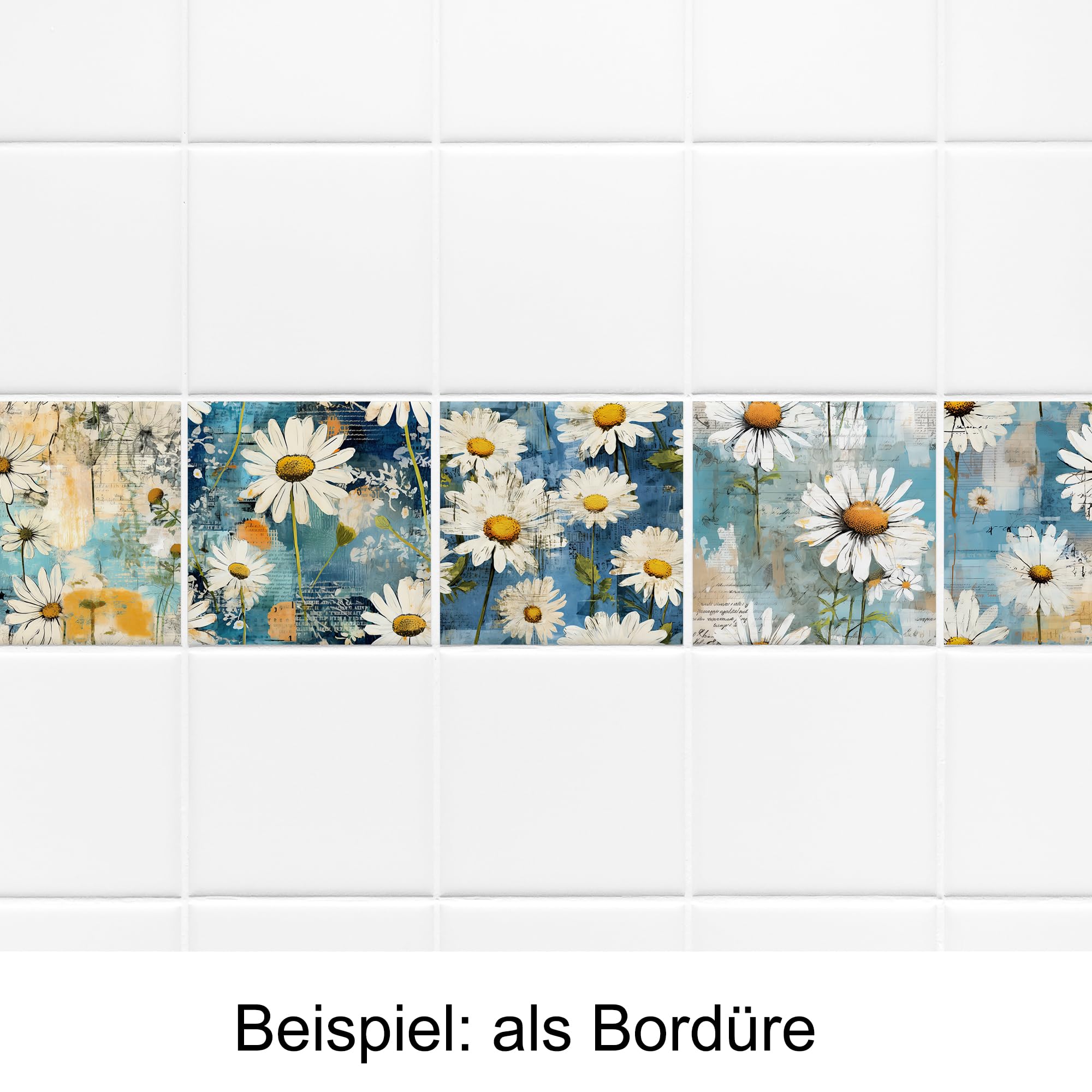 GRAZDesign Fliesenaufkleber Bad & Küche Blumen Muster Gänseblümchen, Klebefliesen selbstklebend - 15x15cm / 50 Stück