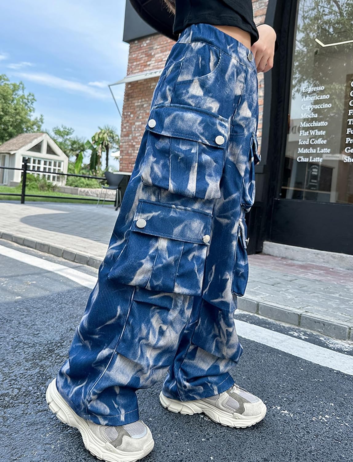 Panegy Girls Cargo Pants Elastic Waist Tie Dye Trousers with Pockets Y2K Baggy Casual Streetwear 5-14 Years