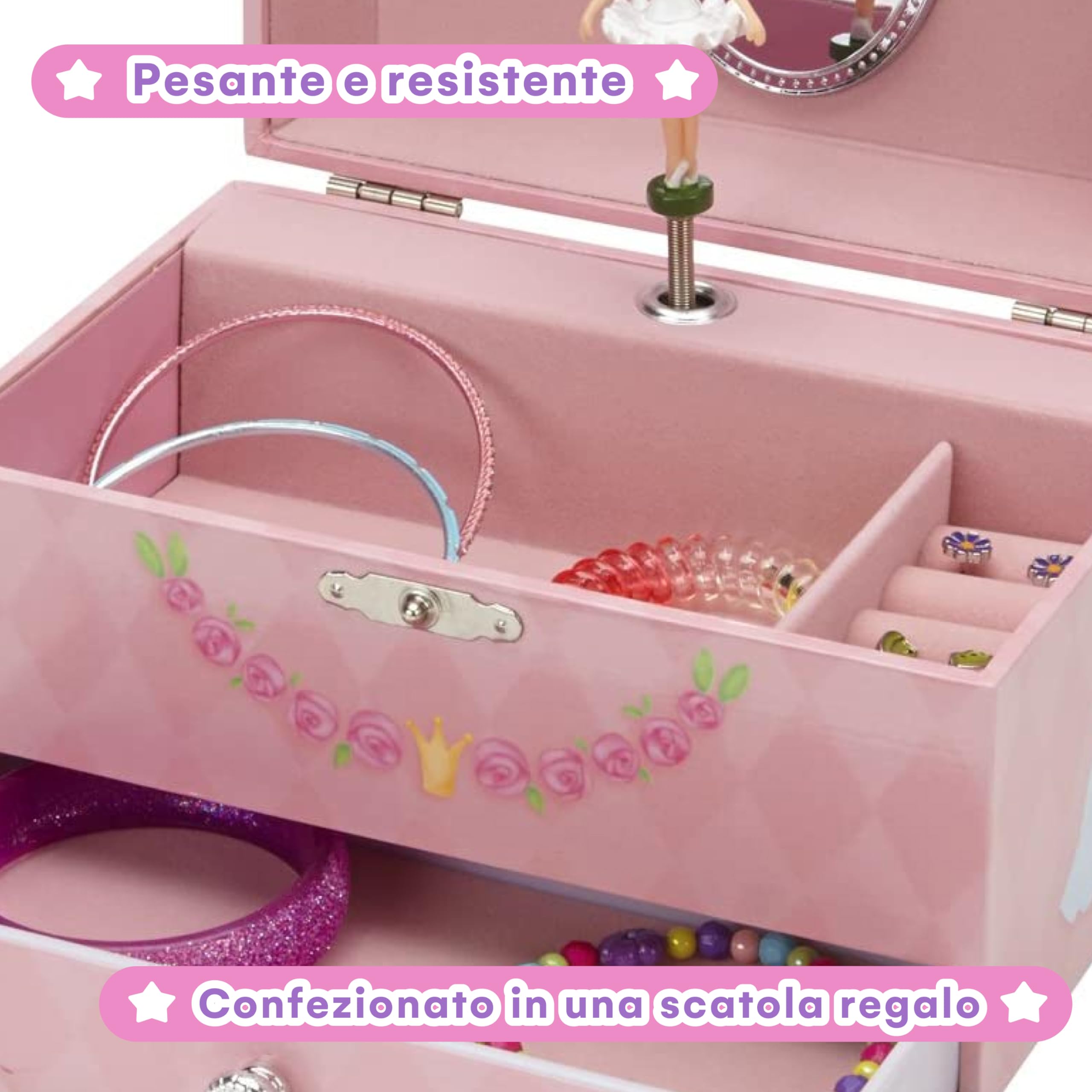 Jewelkeeper - Carillon Rosa Musicale, Porta Gioielli per Bambina con Ballerina Cassetto Estraibile, Custodia Gioielli - Melodia Lago dei Cigni, Cofanetto Portagioie Ballerina per Bambine Elegante