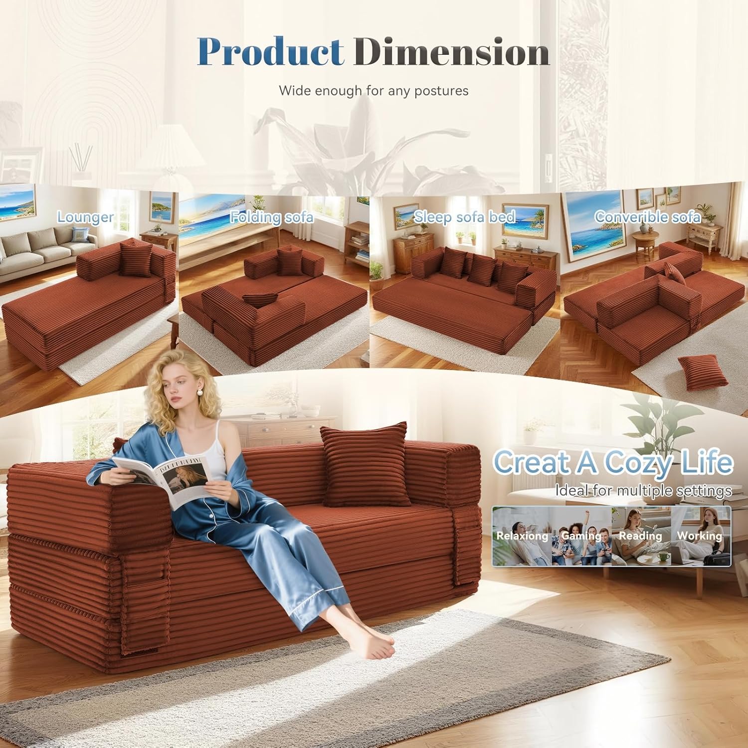 Convertible FoldIing Sofa Bed,5-in-1 Futon Queen Sleeper Sofa with Removable Armrests, Modular Futon Couch with Pull Out Bed,Boneless Couch for Living Room,Compression Sofa in Box, Orange