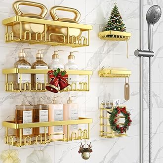 Veken Adhesive Shower Caddy 6-Pack,Gifts for Women Mom,Heavy Weight Bearing,Large Wall Mounted Bathroom Shelves Rack,Organizer Storage Accessories with Soap Dish&Toothbrush Holder,Bright Gold