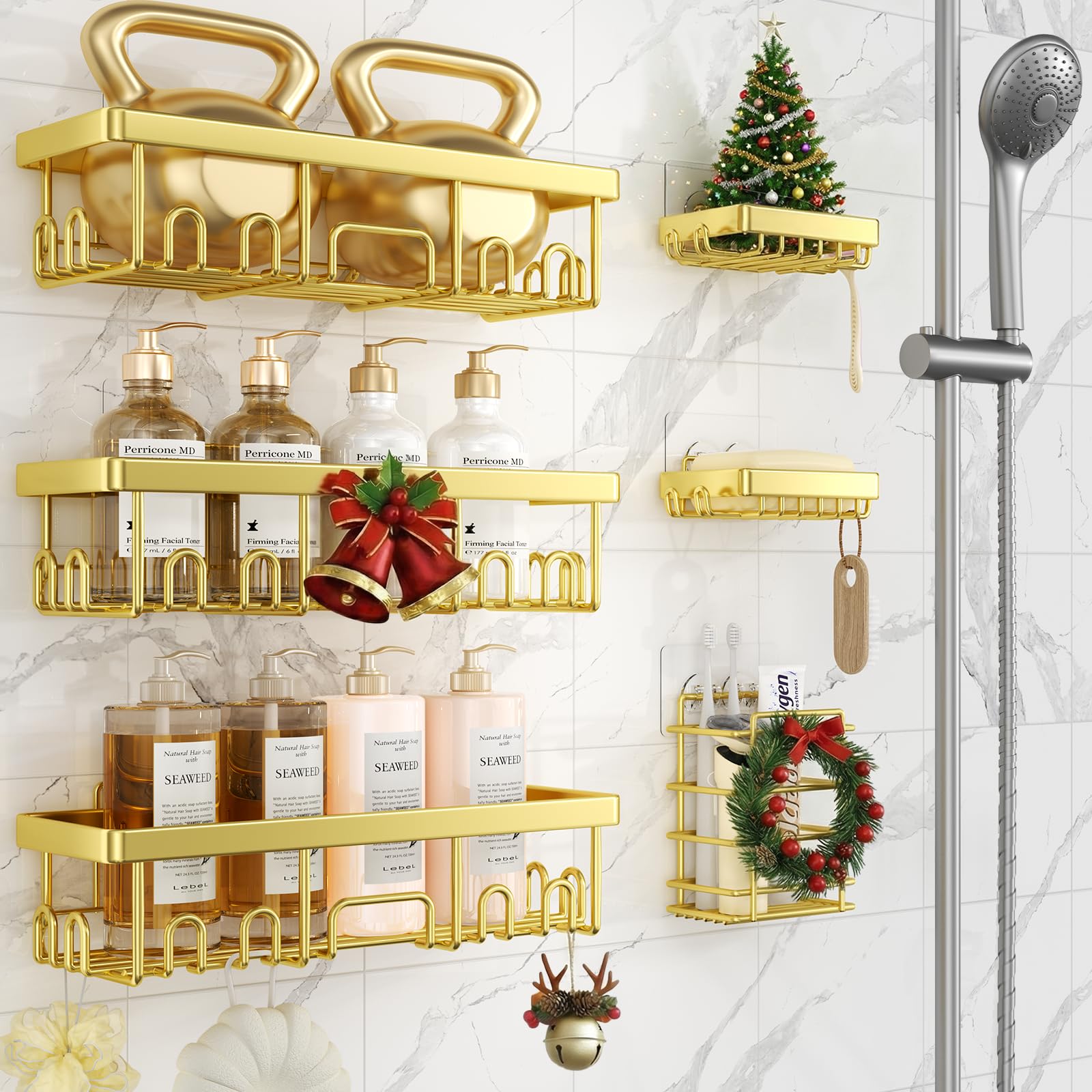 Veken Adhesive Shower Caddy 6-Pack,Gifts for Women Mom,Heavy Weight Bearing,Large Wall Mounted Bathroom Shelves Rack,Organizer Storage Accessories with Soap Dish&Toothbrush Holder,Bright Gold