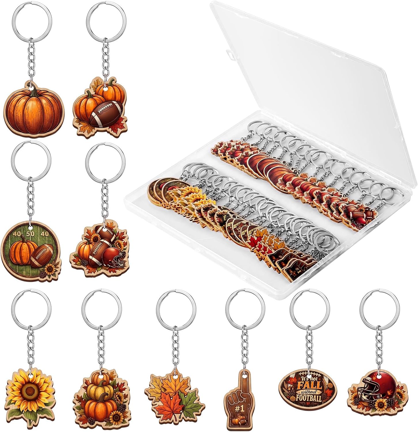 Amyhill 50 Sets Fall Football Keychains Bulk, Autumn Themed Wood Keychain