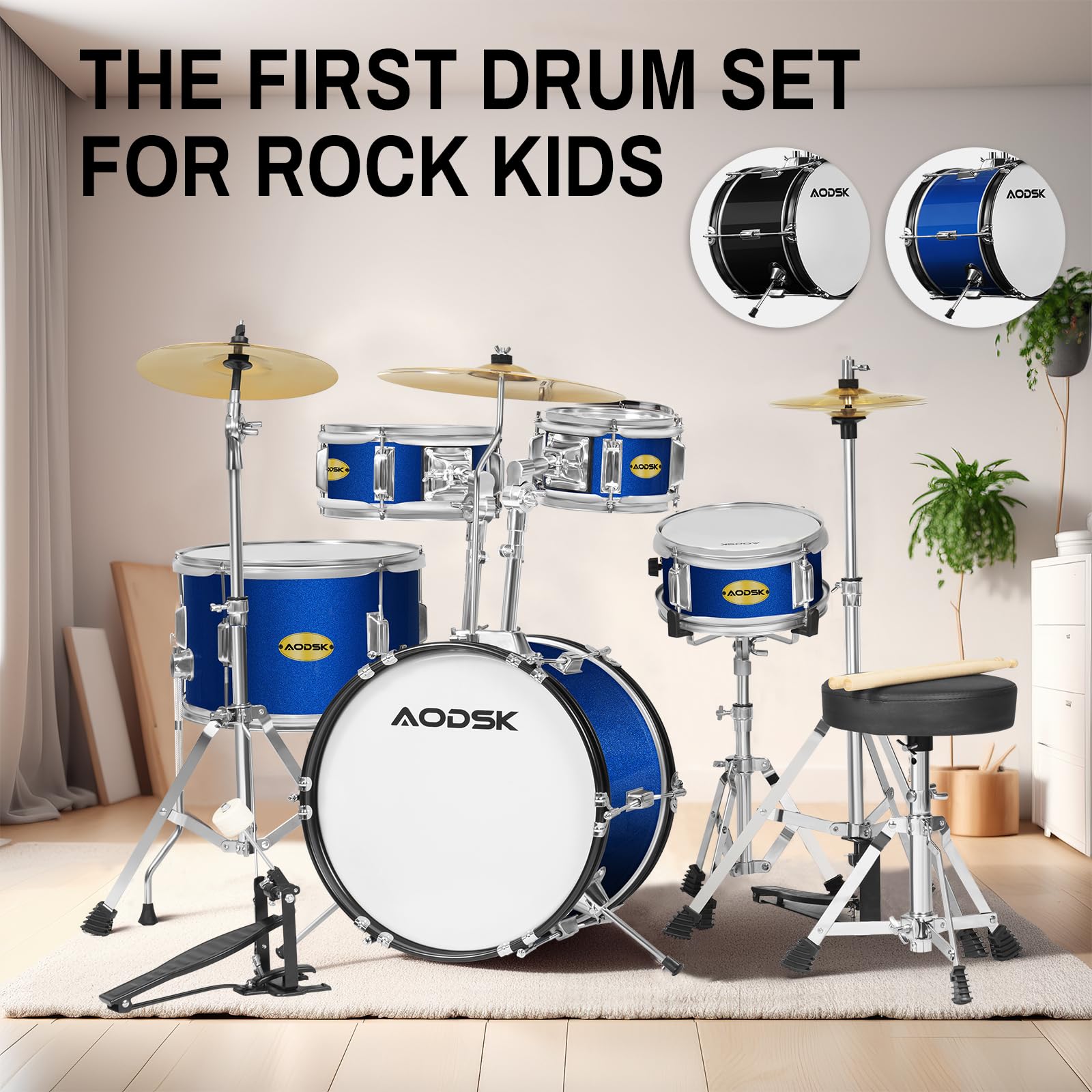 Juego de batería infantil de 5 piezas para principiantes, kit completo de batería de tamaño completo de 14 pulgadas con trono ajustable, platillo, Hi-Hat, pedal y baqueta, color negro 7