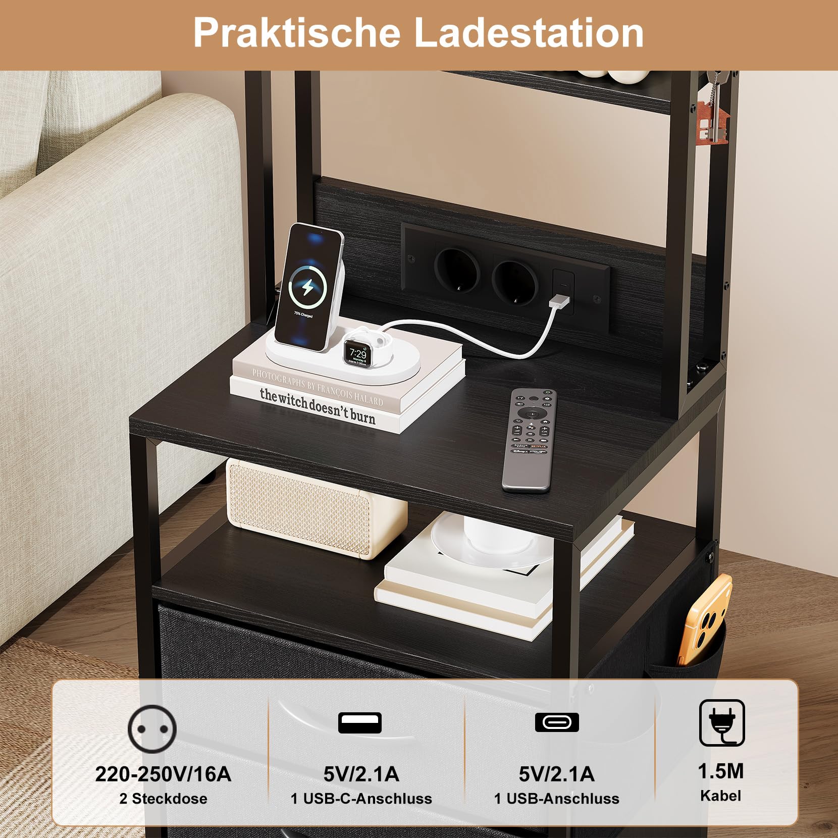 Nachttisch mit Ladefunktion & LED, Beistelltisch mit 3 Stoff-Schubladen, Nachtschrank mit Bücherregal, Offenes Fach, 2 AC, 1 USB & 1 Typ C Anschlüssen, für Schlafzimmer, Wohnzimmer, Büro(Schwarz)