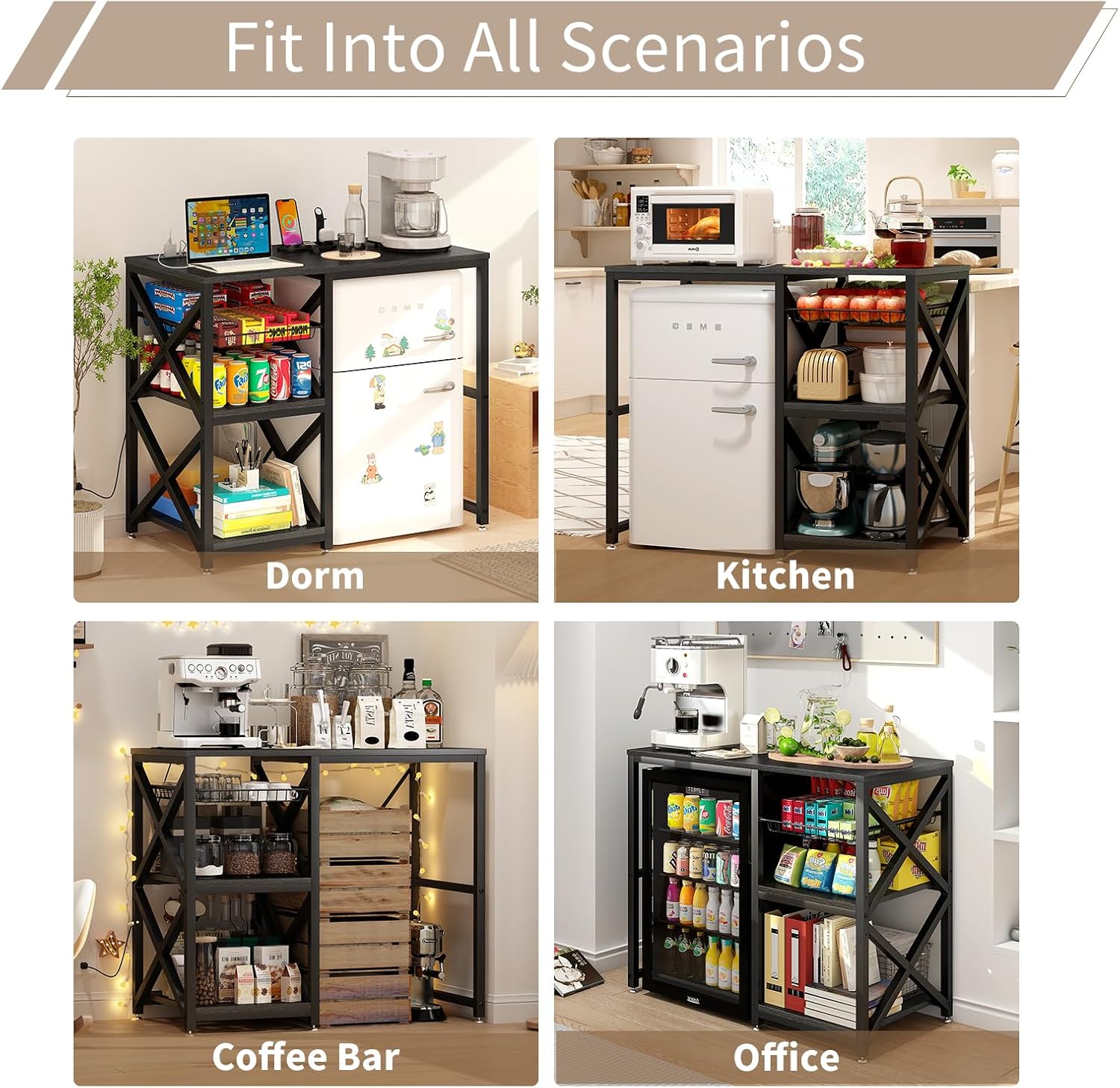 Kitchen Bakers Rack with Power Outlet,Mini Fridge Cabinet with Mesh Basket, Mini Fridge and Microwave Table with Storage for Office,Kitchen,Living Room,Coffee Bar,Patio, Black