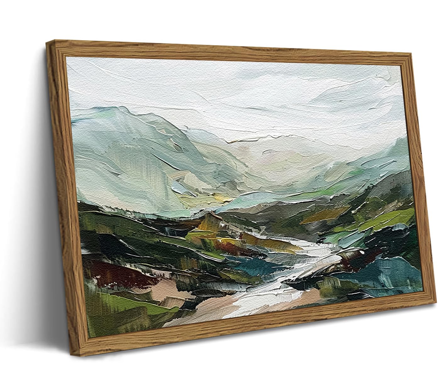 Framed 3D Textured Mountain Wall Art, Abstract Green Landscape Mountain River Wall Decor Paintings, Hand Drawn Sandstone Modern Aesthetic Home Decor