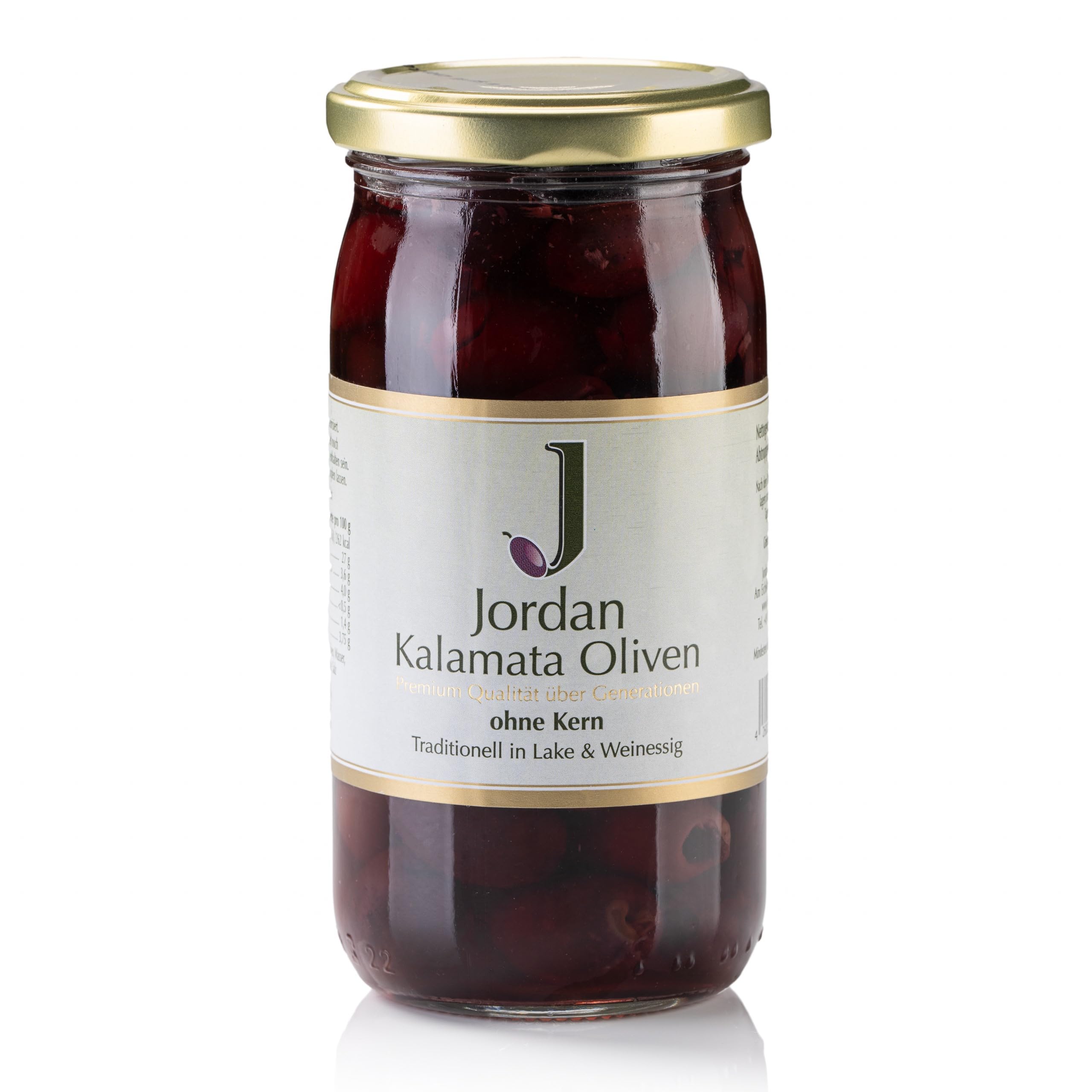 Jordan Olivenöl - Griechische Kalamata Oliven ohne Stein eingelegt in Salzlake - Glas 360 gr - Abtropfgewicht 200 gr - 6er Pack - Tafeloliven ohne Kern aus Griechenland