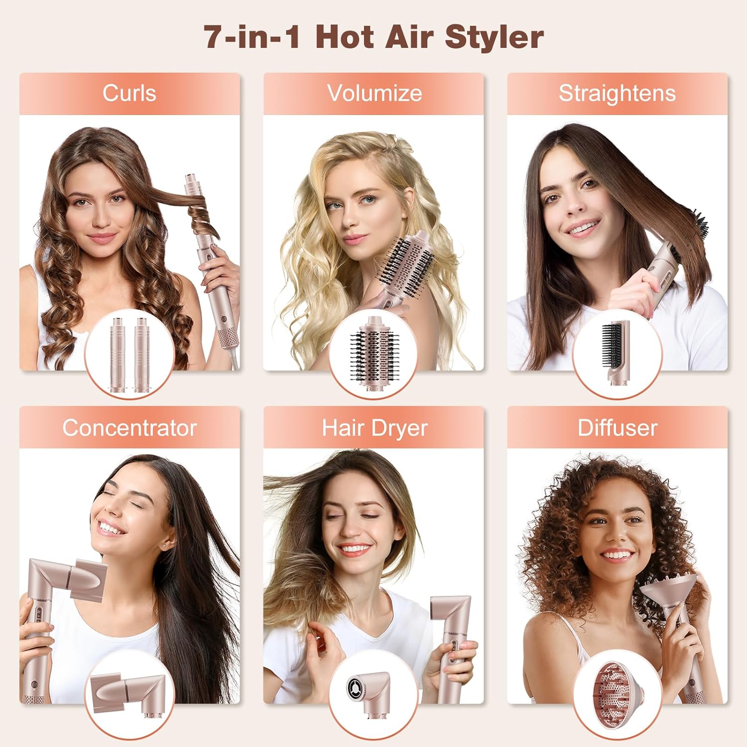 7MAGIC 7 in 1 Hair Styler & Hair Dryer Brush, Negative Ionic Hot Air Styler, 120 Volts, 1400W Powerful Blow Dryer Brush & Multi-Style for Straight, Wavy, Curly, and Coily Hair, Travel Case, Pink - Image 2