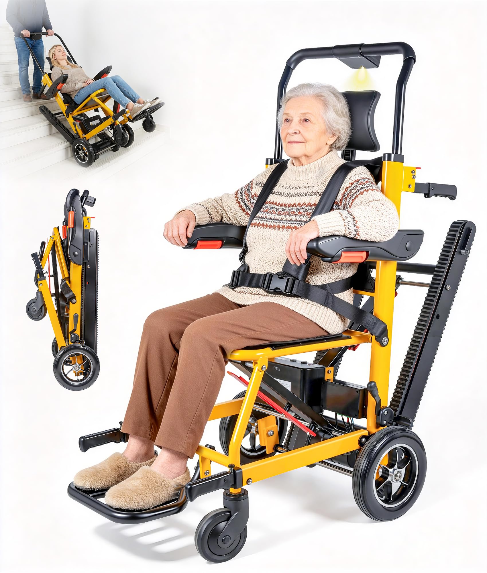 Elektrischer Treppensteiger Rollstuhl Faltbar mit Gummikette, 240KG Elektrischer Treppenlift Stuhl, 3 Speed Rollstuhl Faltbar Treppen Mobilitätshilfe mit LED Licht, Medizinische Rettungstrage für Se