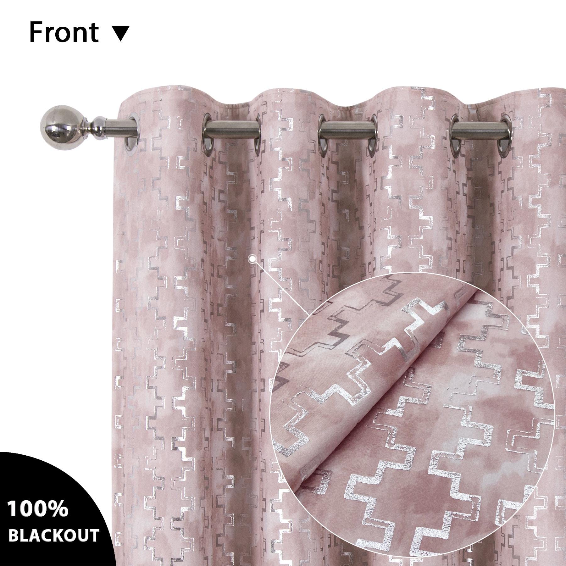 always4u Eyelet Printed Geometric Patterns Curtains 100% Blackout Velour Velvet for Living Room Drop Curtain Pair Panels Pink 46 * 54 - Image 3