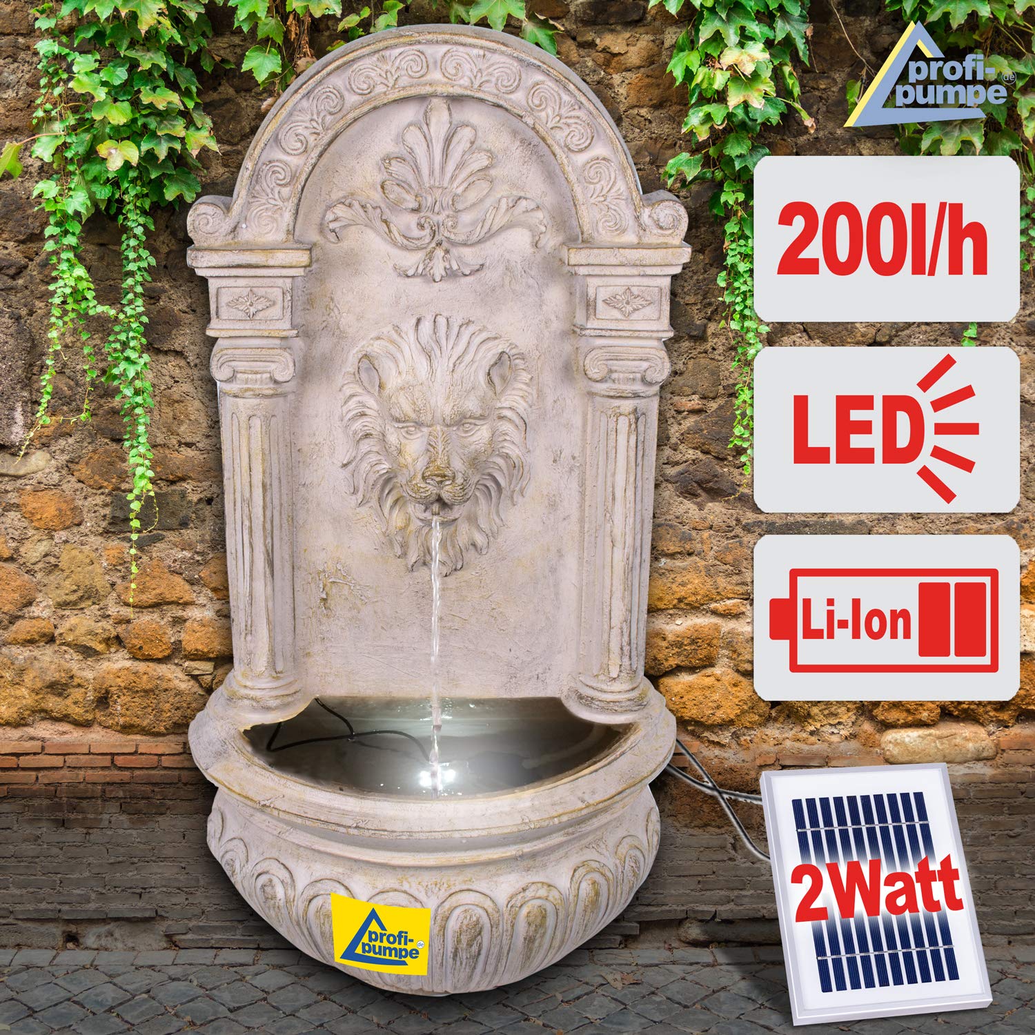 Fontaine de jardin solaire Fontaine Bain d'oiseaux Cascade Décoration de jardin avec pompe, jeu d'eau pour jardin terrasse, fontaine murale, balcon, fontaine Löwen très décorative, lampe de jardin LED
