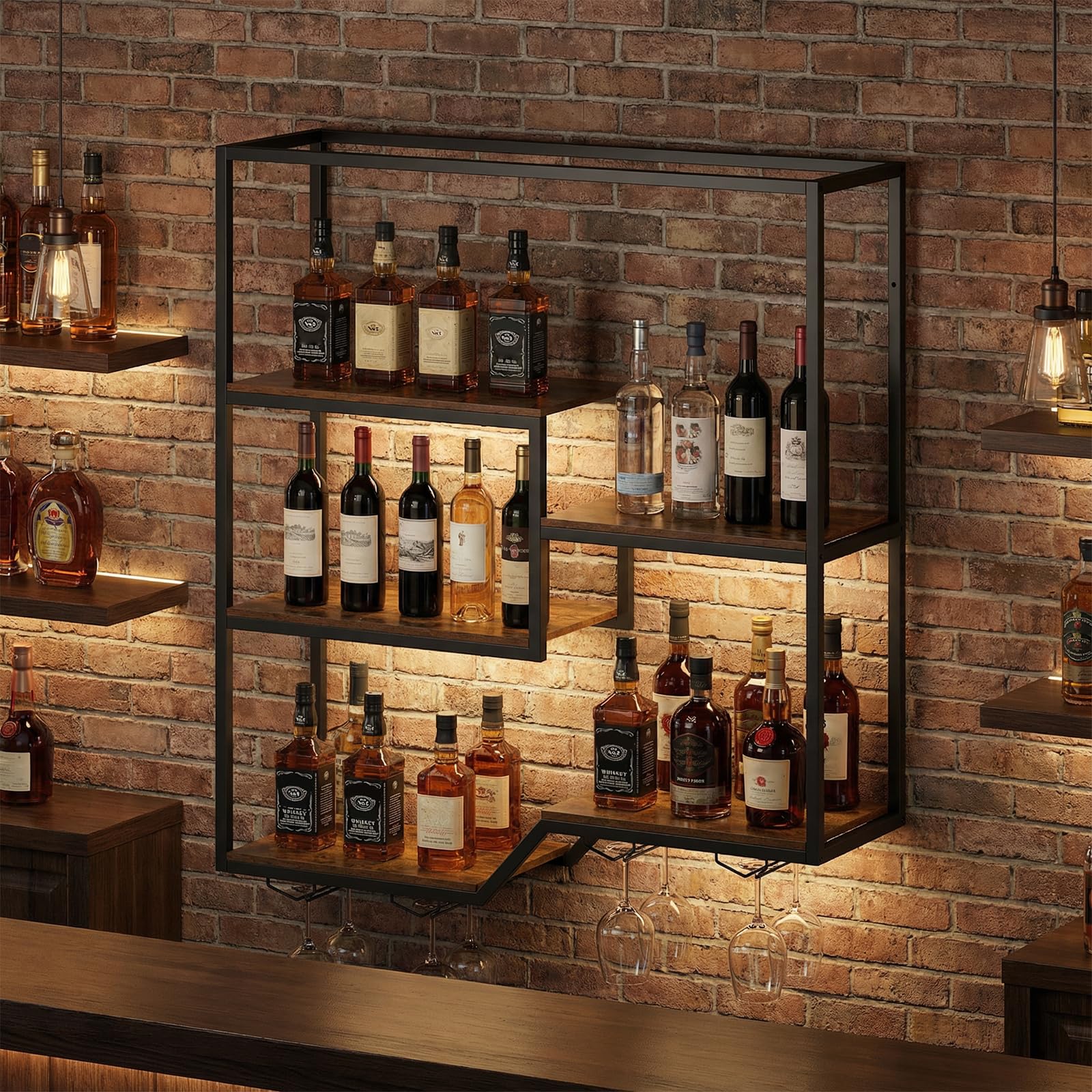 COSTWAY 102 cm Estante de Pared para Vinos, Botellero Colgante de 6 Niveles con Estante para Botellas y Soporte para Copas, Estructura Metálica, Soporte Flotante para Exhibición de Vino, Bar, Comedor