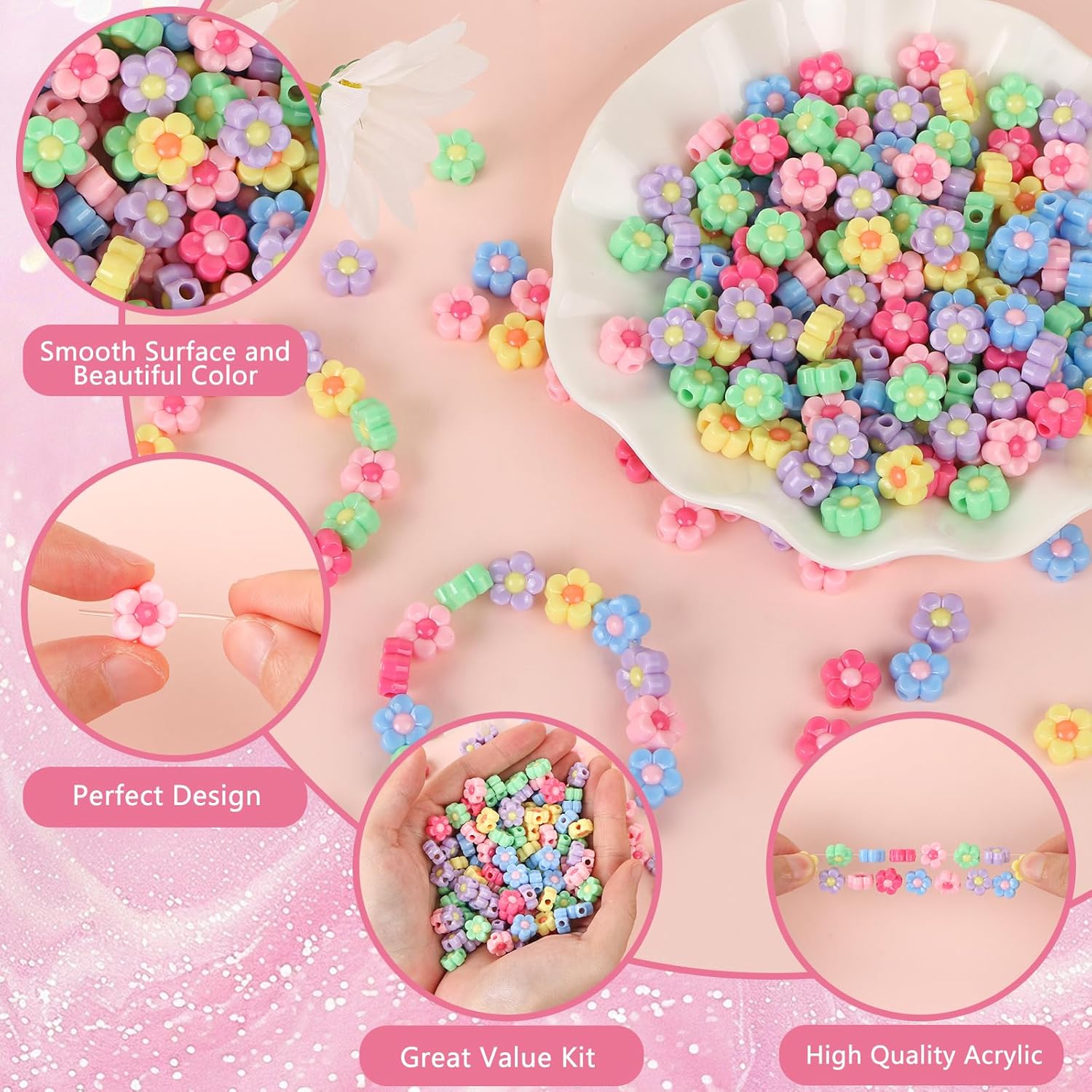 200Pcs Large Size Acrylic Flower Beads Five Petal Flower Charms Multicolor Floral Spacer Beads for Jewelry Making Handmade Craft Supplies Accessories DIY Necklace Keychain Bracelet Lanyard - Image 3