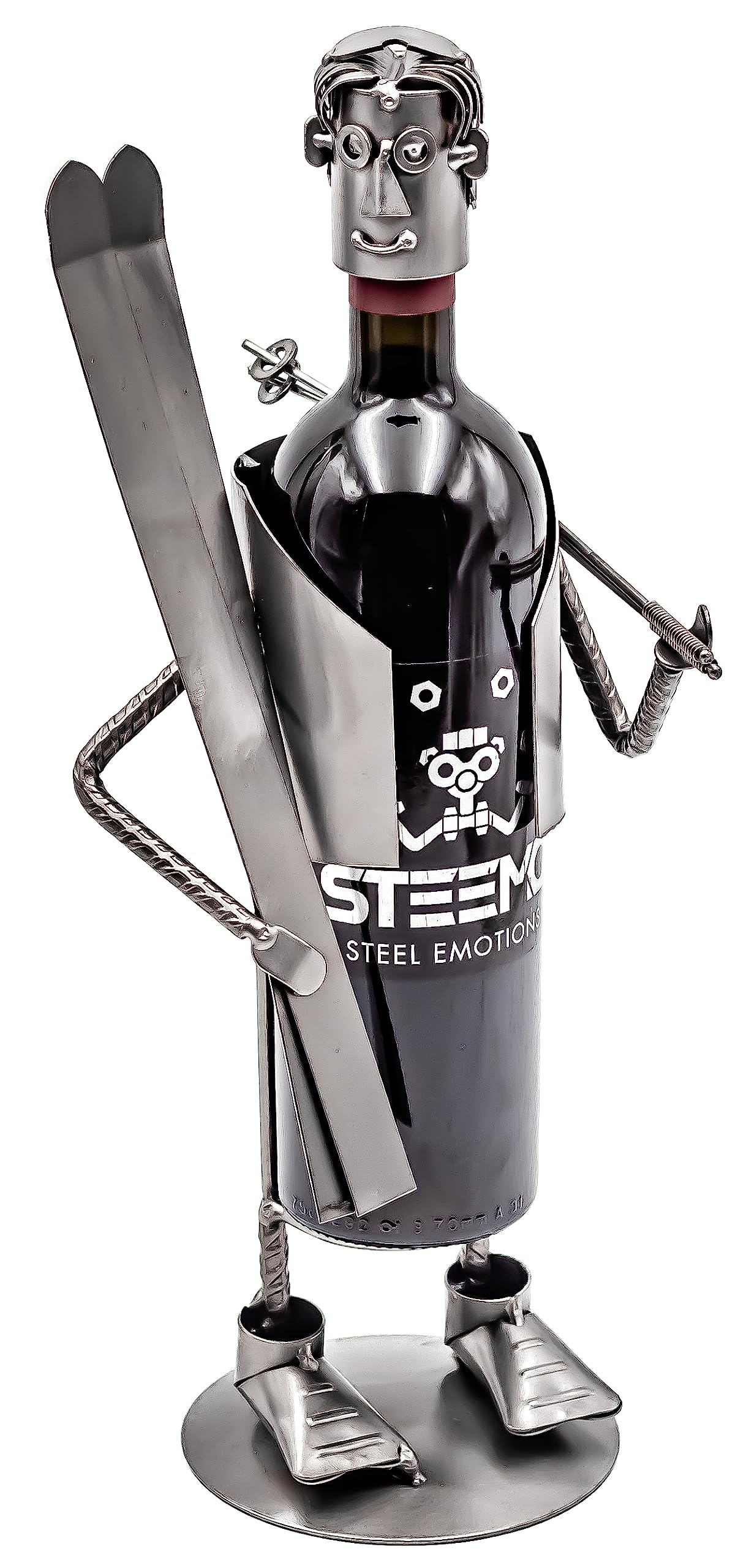 STEEMO Original Schraubenmännchen Weinflaschenhalter – Skifahrer Ski-Fan Wintersport - Handgefertigter Flaschenständer aus Stahl, Nachhaltiges Geschenk für Sportfans, Kreative Wein-Deko, Weinhalter