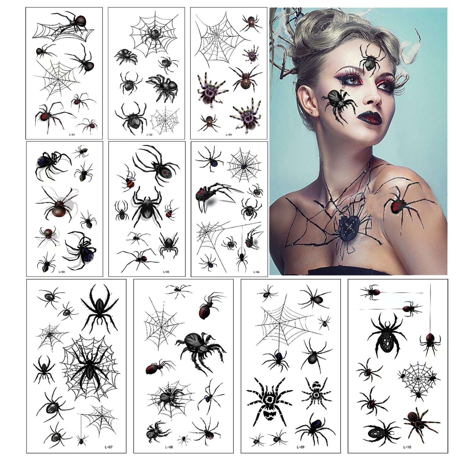 Tatuajes Temporales De Arañas Y Telarañas, 10 Hojas De Pegatinas Realistas Para Halloween, Cara Y Cuerpo, Disfraces Y Mascaradas