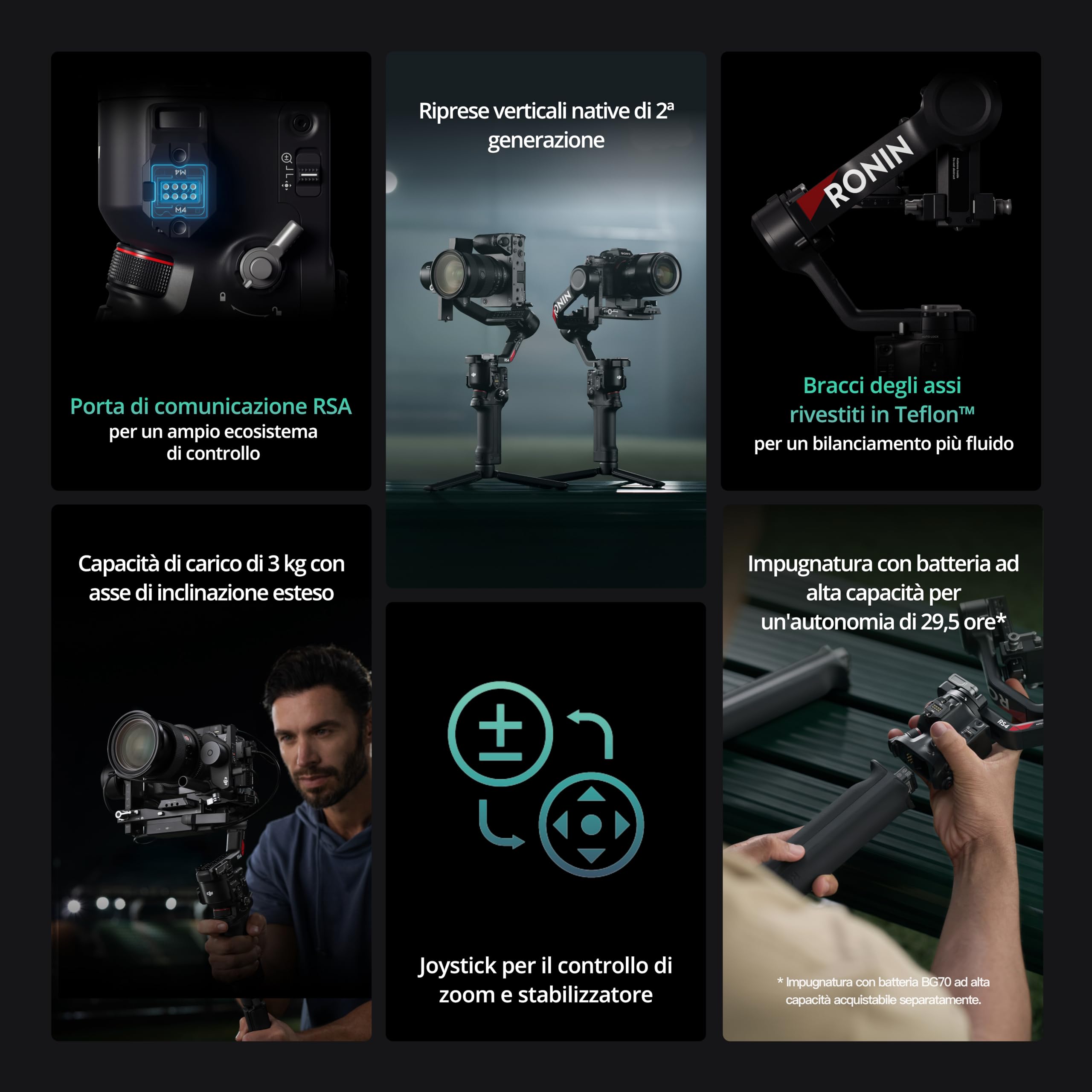 DJI RS 4 Combo, Stabilizzatore a 3 Assi per Fotocamere Mirrorless e DSLR, Riprese Verticali Native, Selettore Joystick a 2 Modalità, Motore Focus Pro