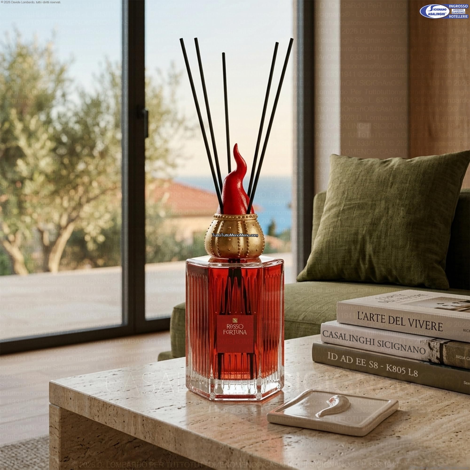 Sicignano Rosso Fortuna Diffuseur d'ambiance, 500 ml, verre strié, avec corne napolitaine, fabriqué en Italie (vanille)