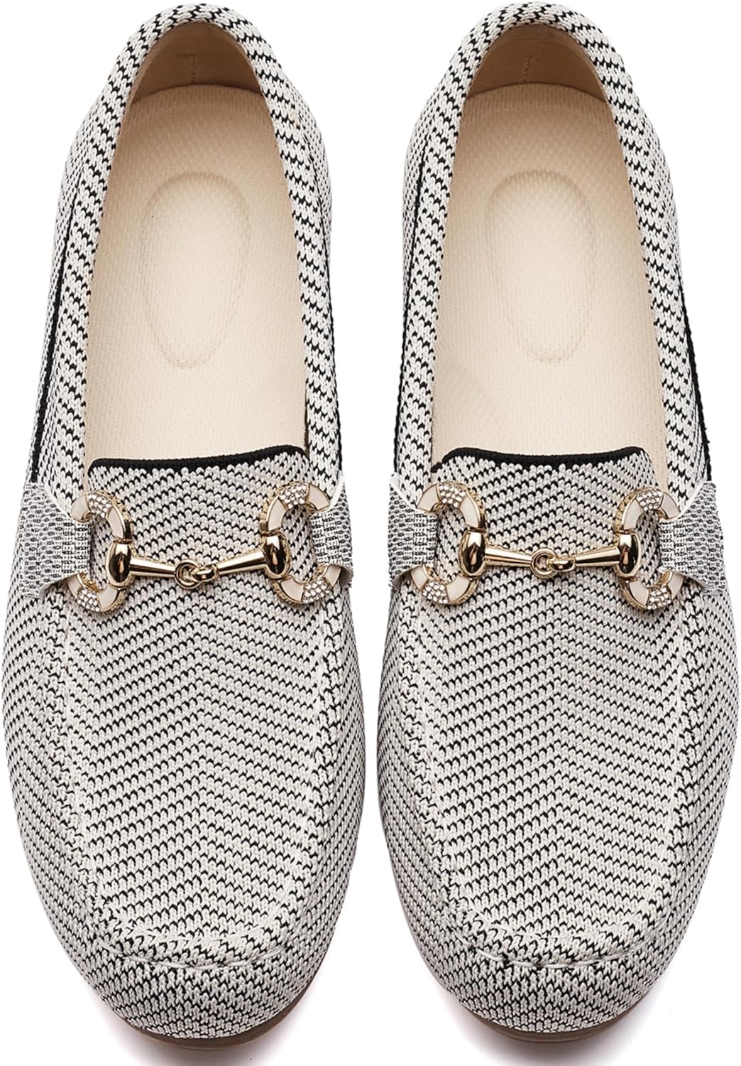 レディース ニットローファー - スリッポンフラット、快適&amp;通気性 カジュアル、仕事、オフィスウォーキング用, ブラックホワ